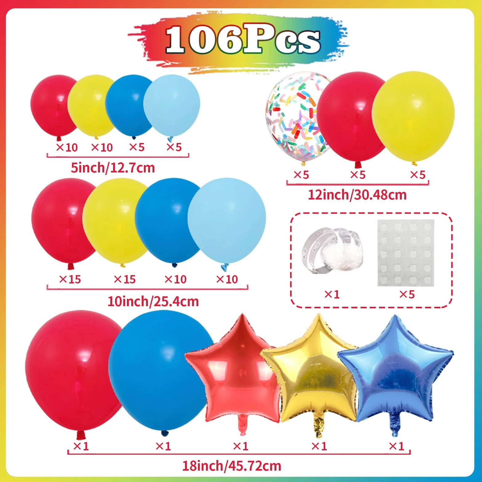 Kit Arco Palloncini Rosso Blu Giallo 106pcs Ghirlanda Palloncini Circo Carnevale con Foil Stella Coriandoli Multicolori
