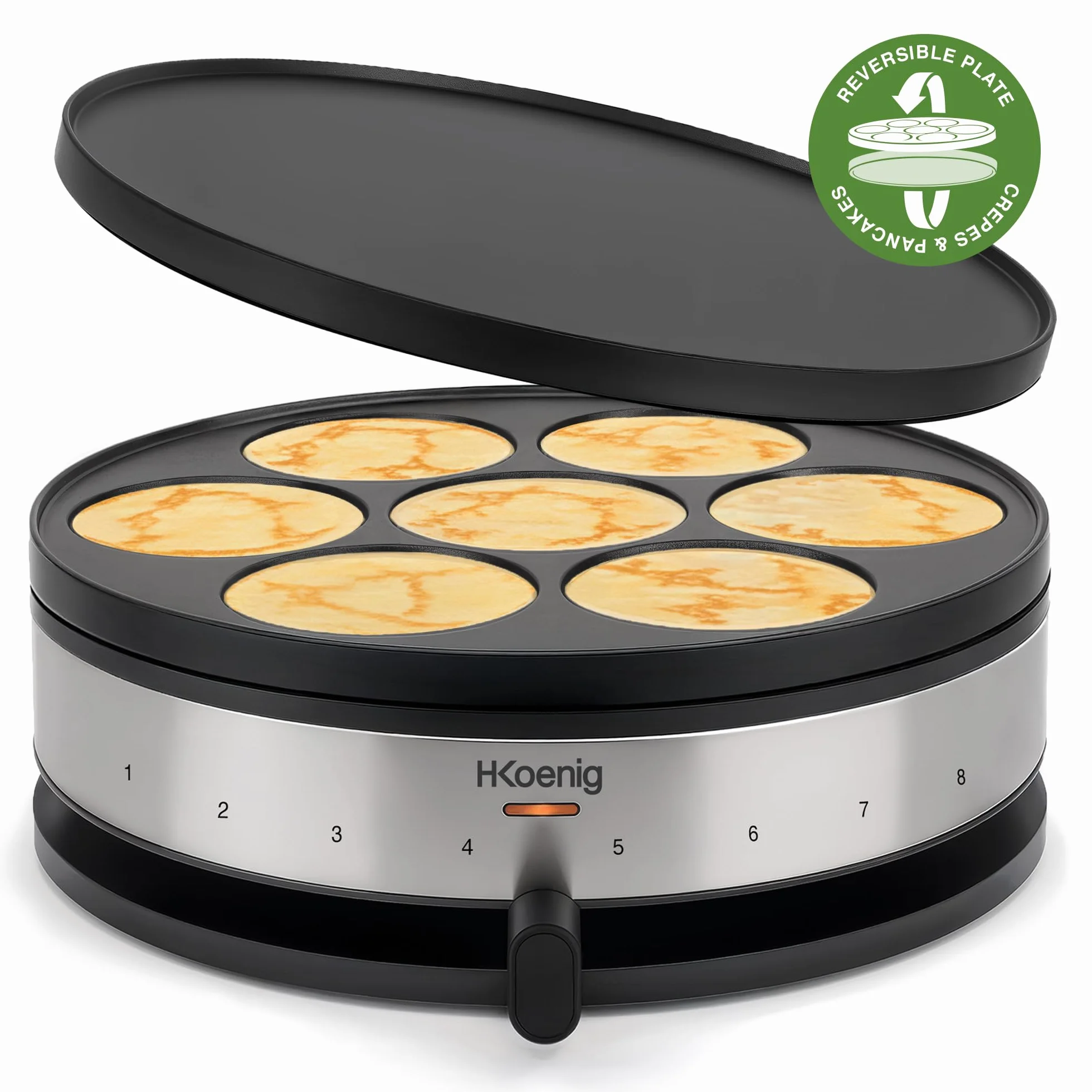 H.Koenig Crepiera con Piastra Reversibile 2 in 1 KREP56,Crêpes,Mini Crêpes,Pancakes,Termostato Regolabile Fino a 230°,Rivestimento Antiaderente,1500W