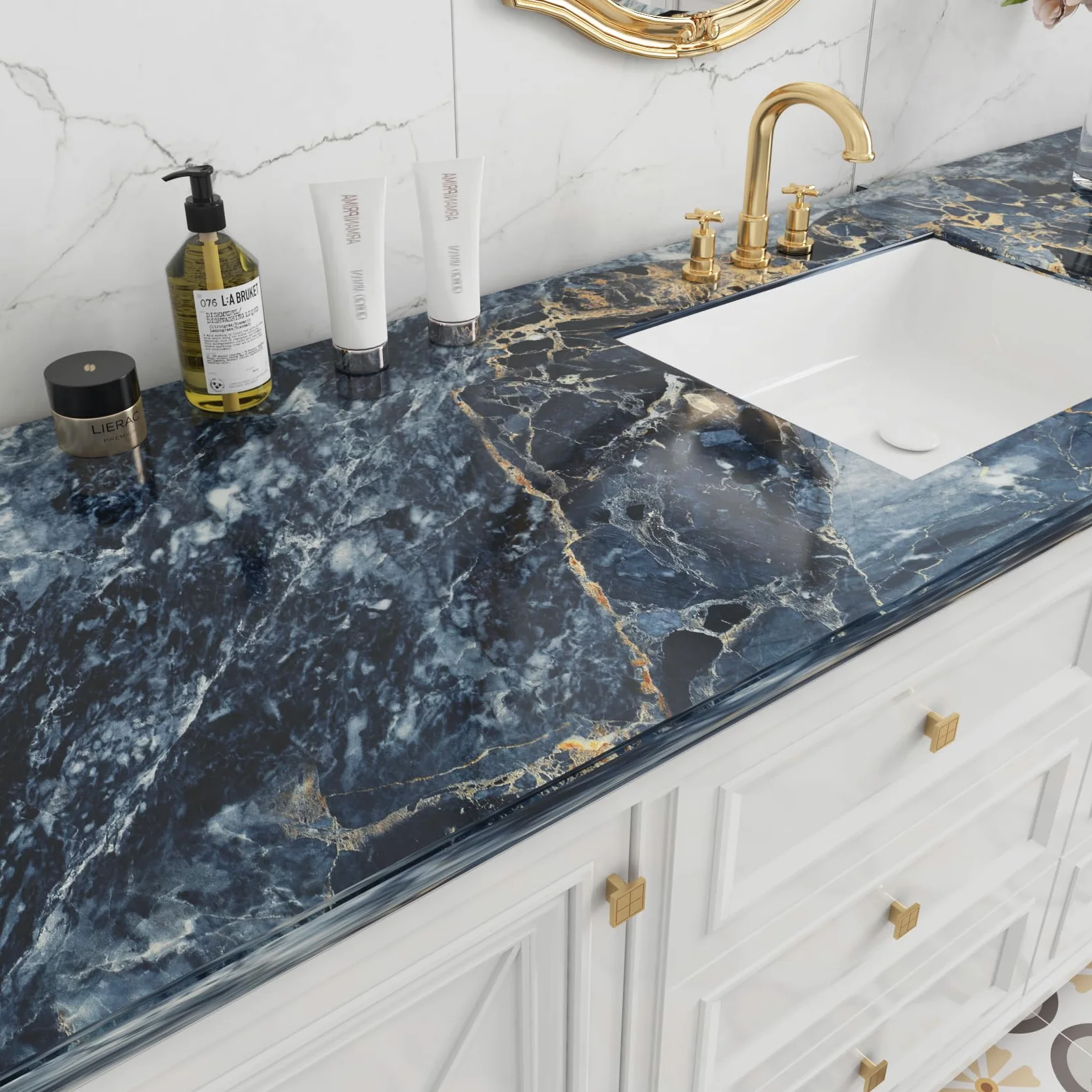 LACHEERY Carta da parati in vinile color blu scuro e oro, 400 x 91 cm di larghezza, adatta per affittuari, piano di lavoro della cucina, stacca e attacca, impermeabile, in vinile, per controsoffitti