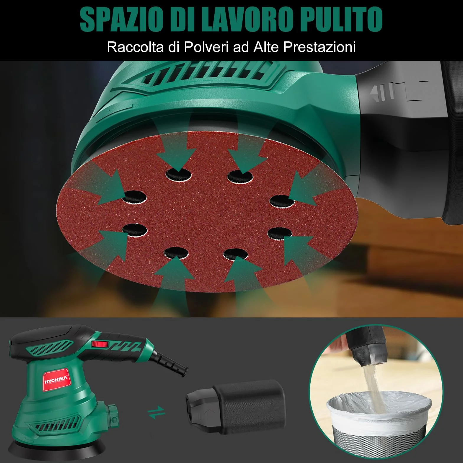HYCHIKA Levigatrice Orbitale 300W 6 Velocità 13000 RPM 125mm Dischi Abrasivi