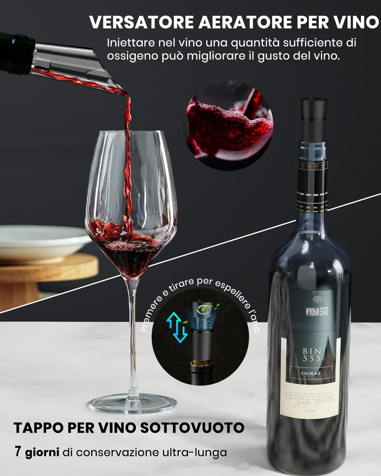 Cavatappi elettrico ricaricabile per vino, apribottiglie elettrico idee regalo uomo donna compleanno con aeratore per vino, 2 tappi sottovuoto, taglierina per fogli di alluminio e cavo USB