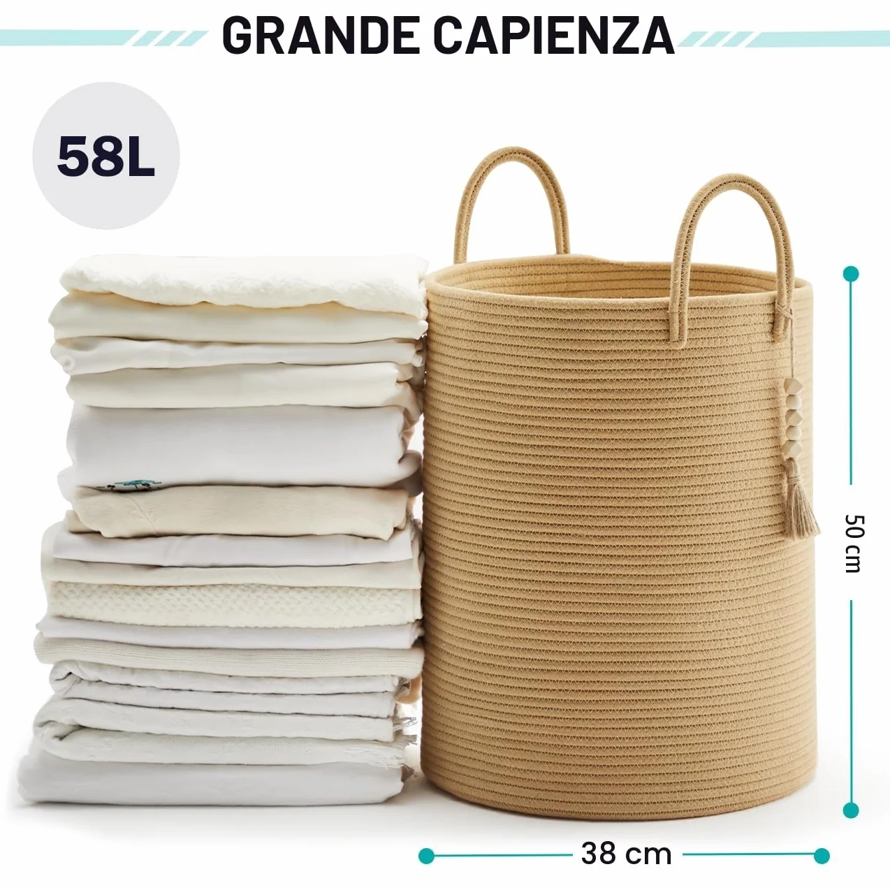 YOUDENOVA Cesto Portabiancheria Intrecciato per Giocattoli,Cesto Biancheria Sporca con Maniglia Cotone, Cesta Decorativa per Vestiti 58L marrone puro