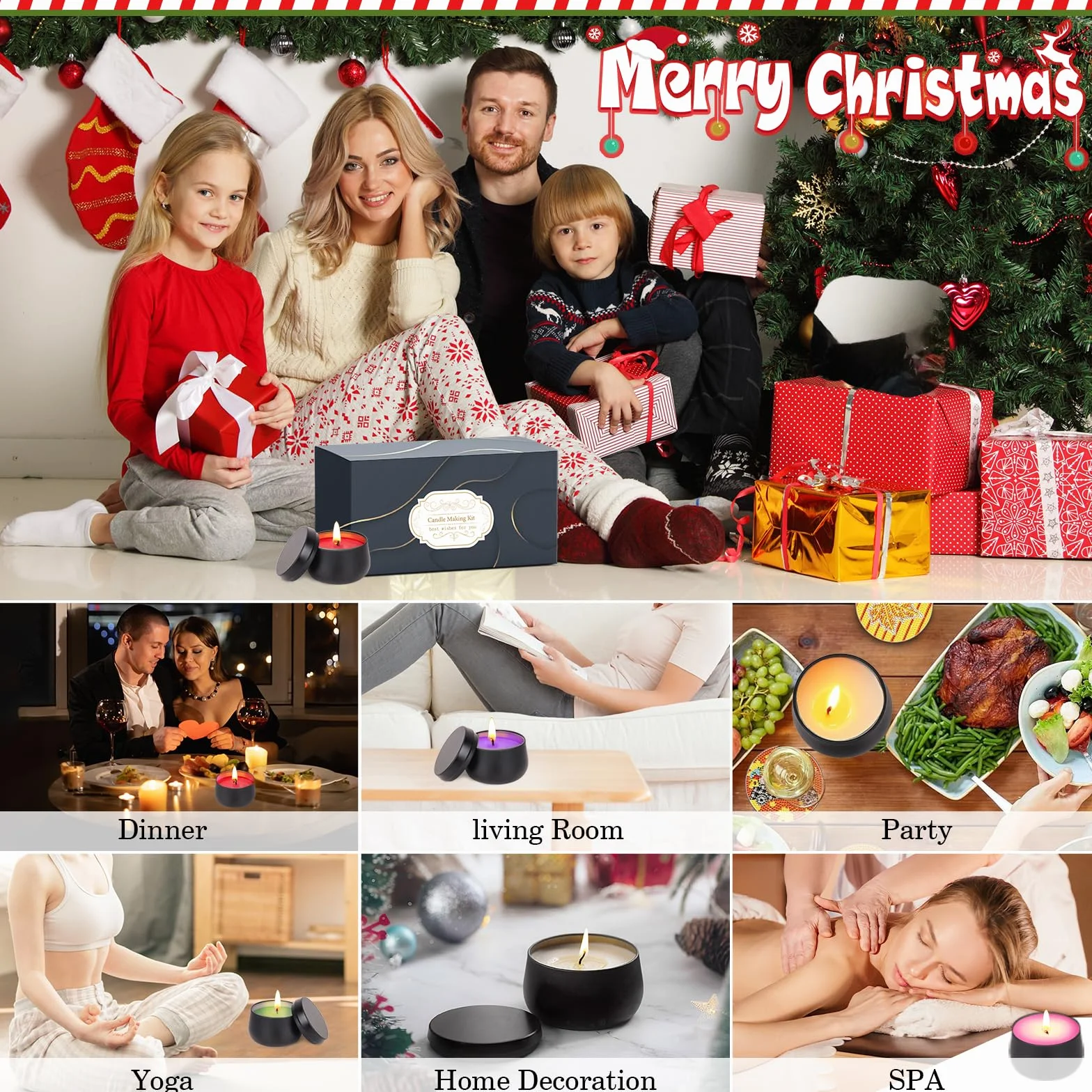 Kit per Fabbricazione Candele, Kit per Natale Produzione di 9-Candele per Principianti, DIY Set Regalo con Pentola per Versare,Stoppini,Adesivi,Cucchiai per Mescolare,6 Oli Essenziali,480g Cera Soia