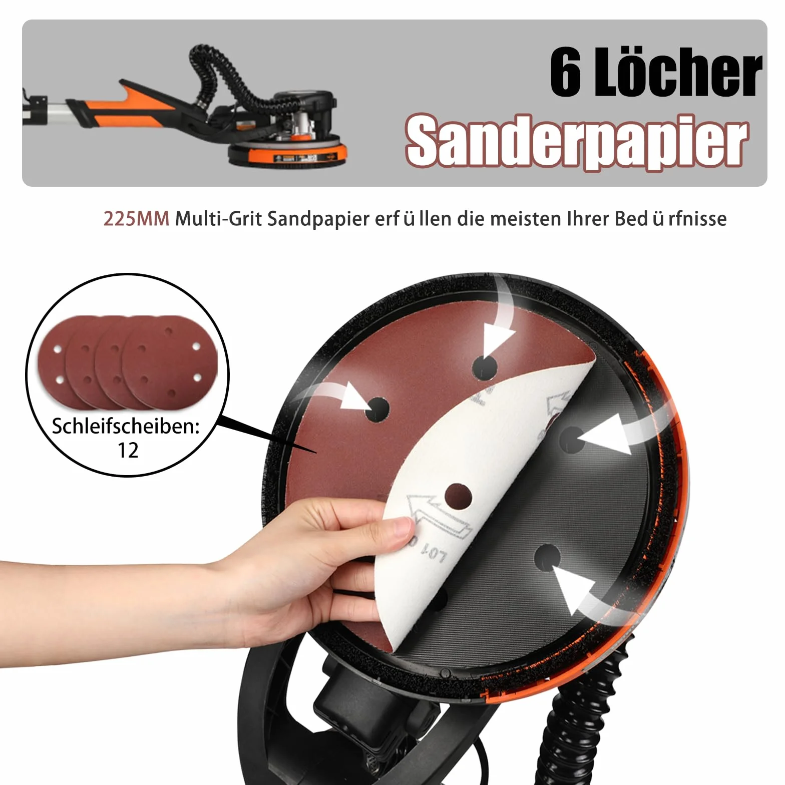 Levigatrice da parete e soffitto, 750 W, velocità massima 1800 giri/min, levigatrice a parete con LED e manico telescopico, levigatura 215 mm, borsa di estrazione, manico pieghevole, testa