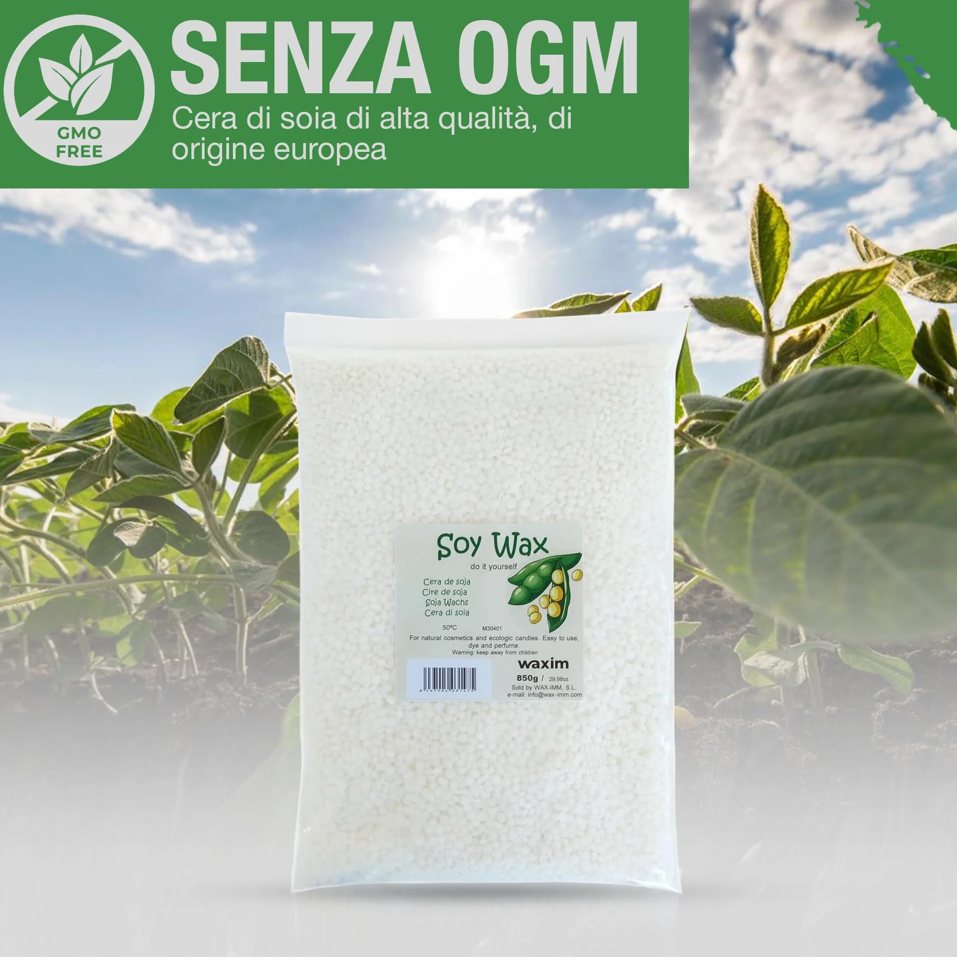 WAXIM Cera di Soia per Candele in Perle | Soy Wax Naturale per Fare Candele Fai da Te 850 g | Base Vegetale per Contenitori | Cera per Candele Fai da Te, Fusione Uniforme e Combustione Pulita