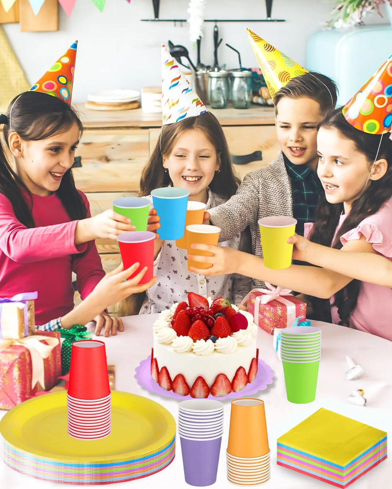 Set Stoviglie per Feste Multicolore 40 Ospiti Piatti Carta 18cm Bicchieri Tovaglioli Compleanni Bambini