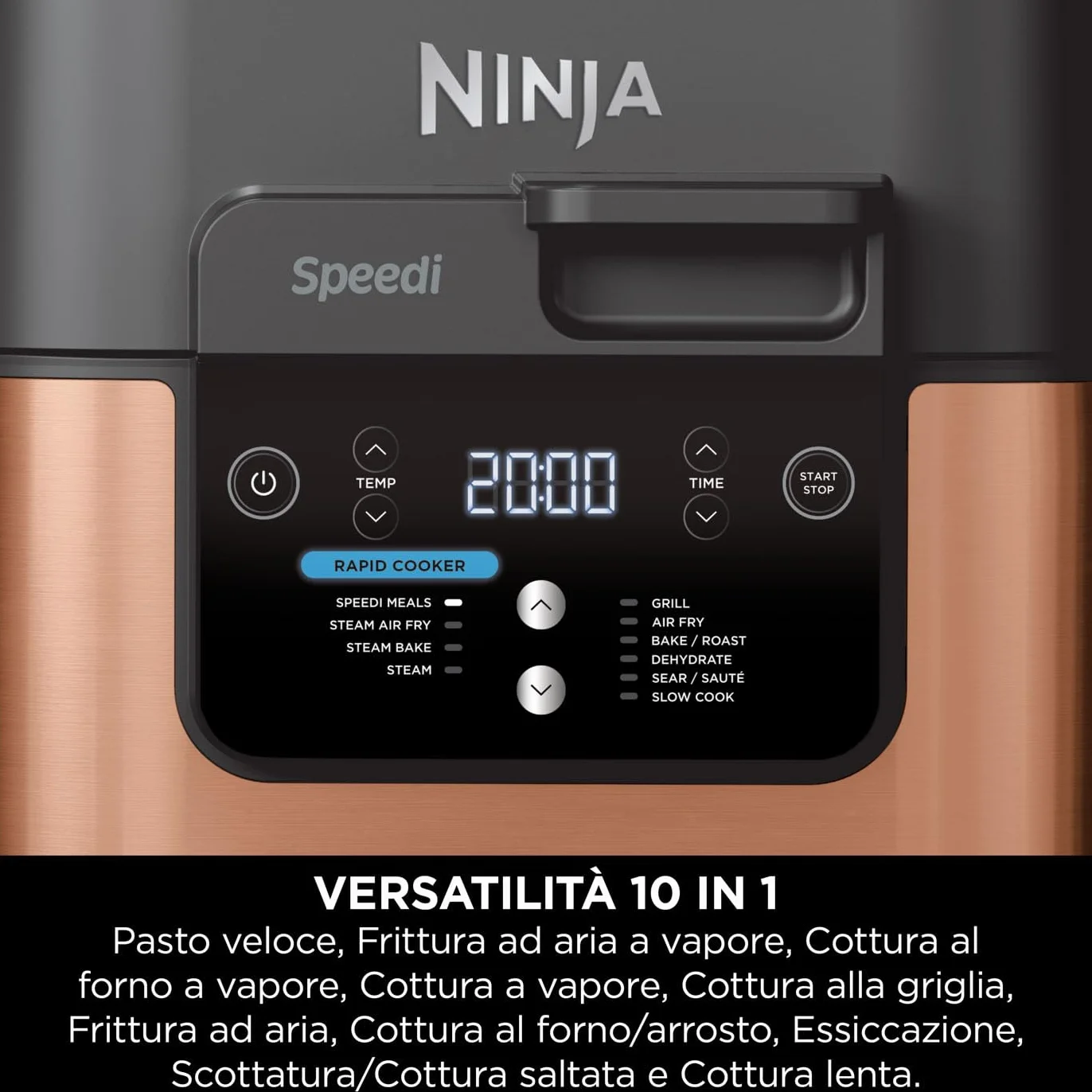 Ninja Speedi Pentola Elettrica Rapida 10 in 1, Friggitrice ad Aria, 5,7 l, Pasti per 4 in 15 Minuti, Frittura ad Aria e Cottura al Vapore, Nero/Rame, ON400EUCP