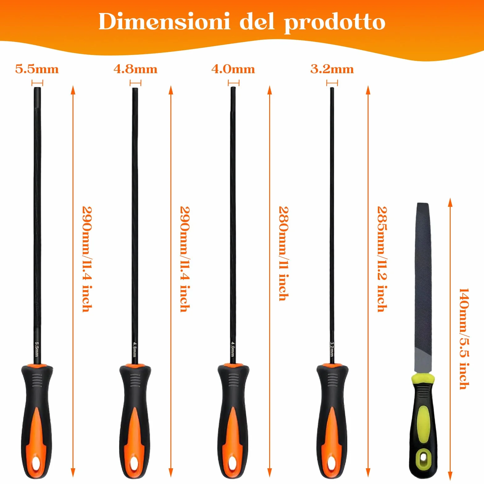 Set 5 Lime per Motosega – 4 Lima per Catena Motosega (3,2/4,0/4,8/5,5 mm) + Lima Piatta 6” (15 cm) – Kit Affilatura Catena, Affilacatena Manuale Fai da Te