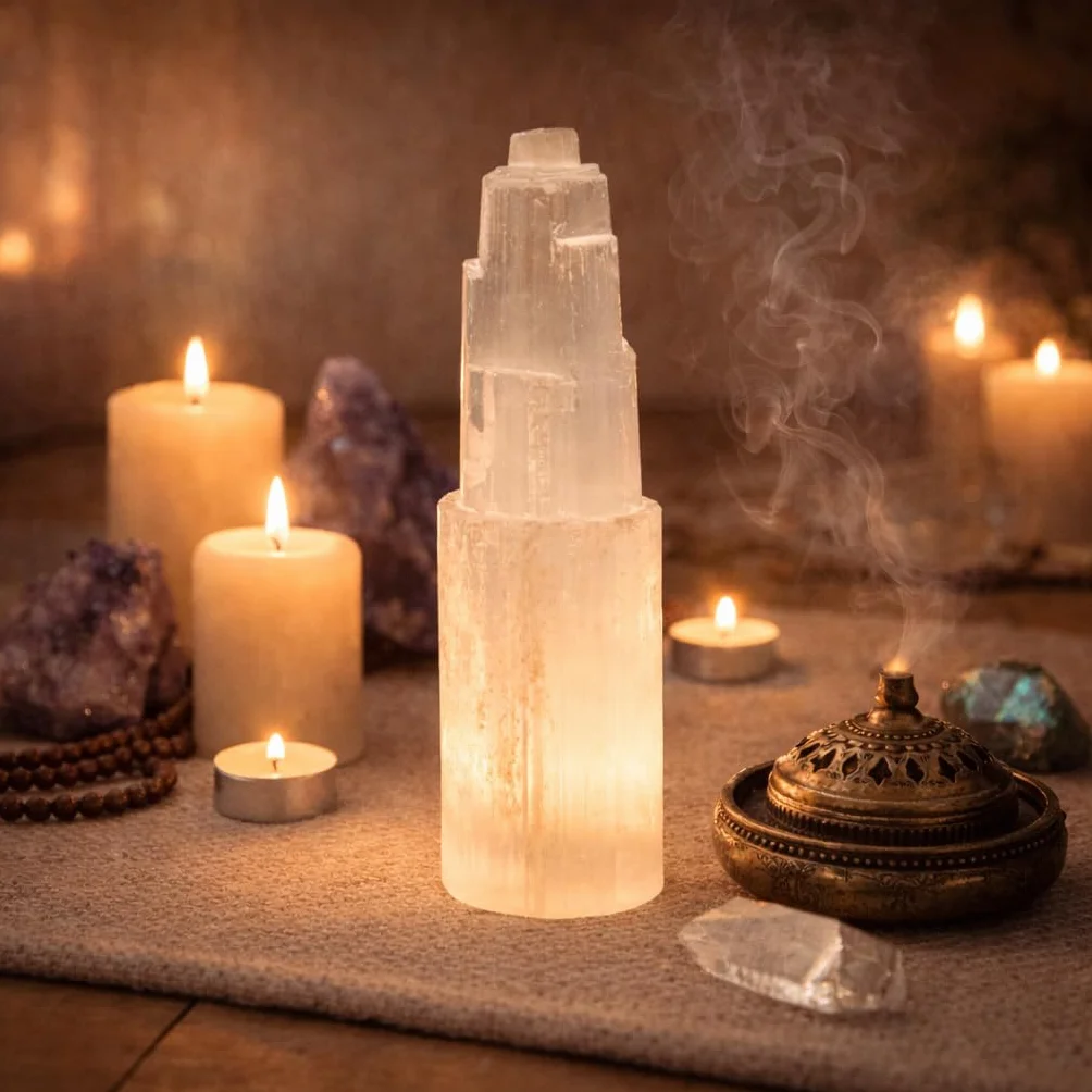 Torre di cristallo di selenite naturale 15cm Meditazione Cristallo decorazione