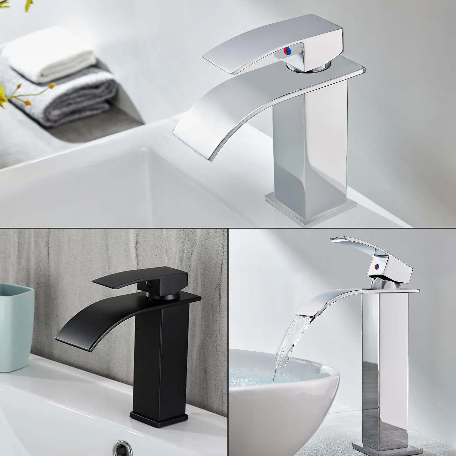 VOLTIX Rubinetto per Bagno a Cascata - Miscelatore Monocomando per Lavabo con Risparmio Idrico - Regolabile per Acqua Calda e Fredda - Rubinetto Lavabo Moderno Design Elegante per Bagno (Nero/Alto)