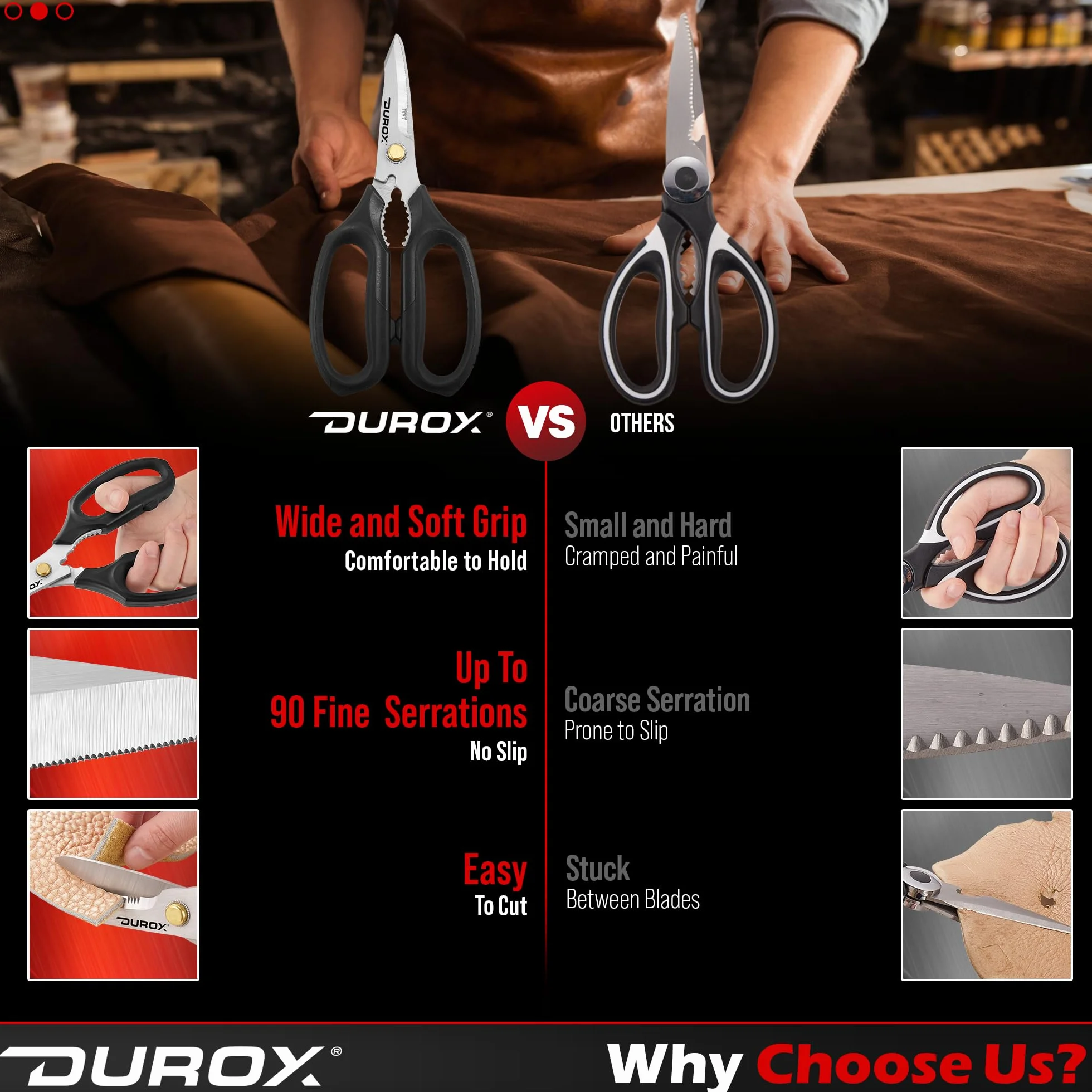 DUROX - Forbici Resistenti, Cesoie per Tappeti, Pelle e Cartone, Forbici Multiuso per Uso Professionale e Domestico, Lame in Acciaio Inox con Cappuccio Protettivo