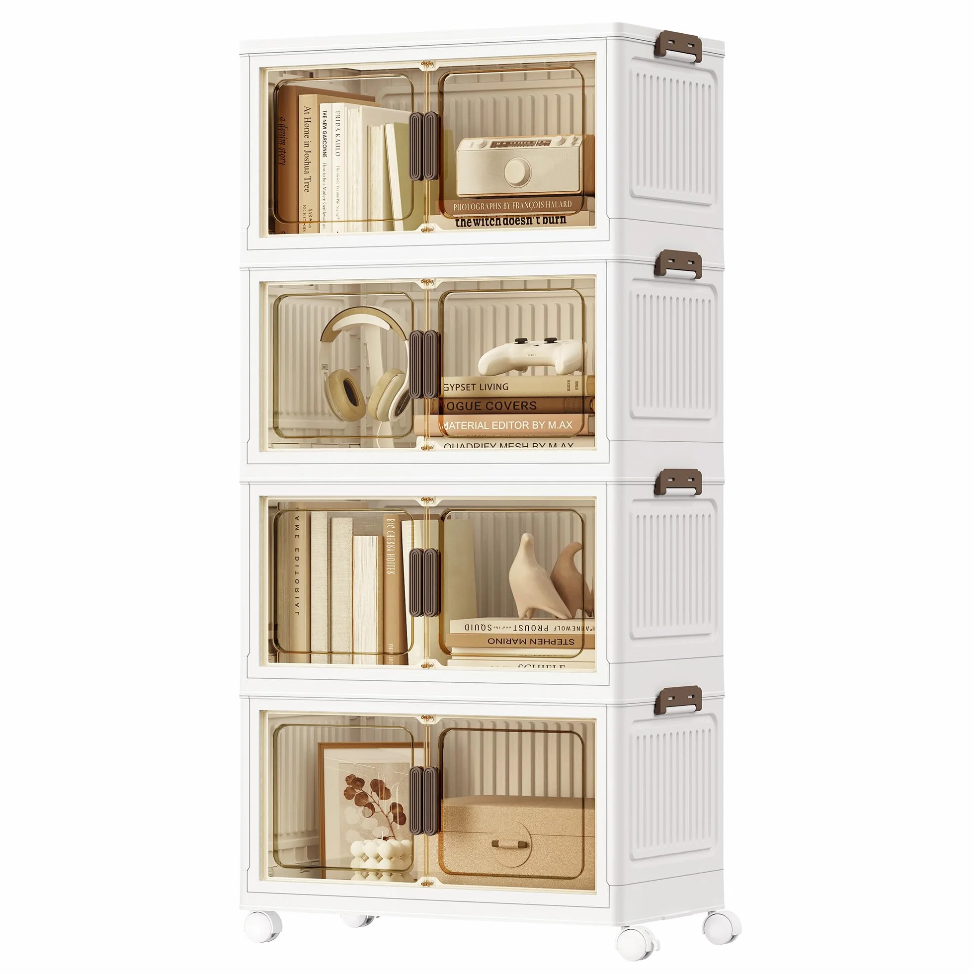 SONGMICS Contenitori 4 Livelli, Organizer Armadio con Coperchio, Scatole Plastica Impilabili con Ruote, Sportello Magnetico, Bianco, 55 L per Cesto, 220 L in Totale RLB460WZ01