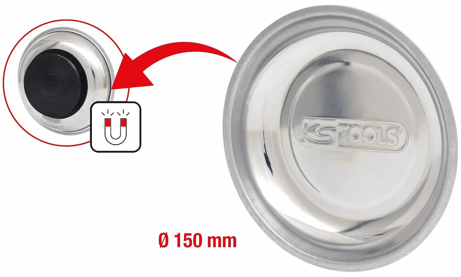 KS Tools 800.0150 Vassoio Magnetico in Acciaio Inossidabile, 1 Calamita, Rotondo, Diametro 150 mm