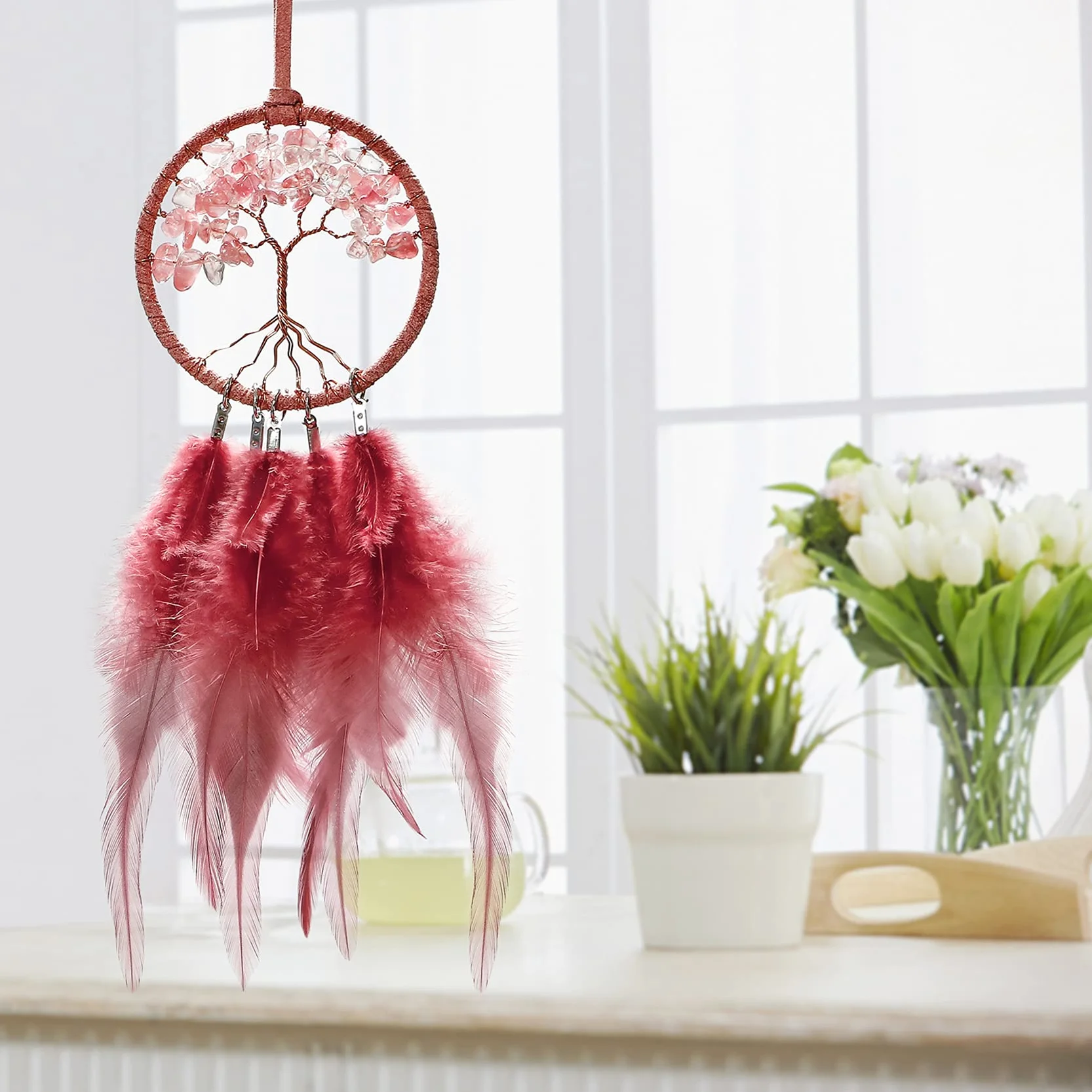 Weldomcor Acchiappasogni Fatto a Mano Dreamcatcher Bohemien Piuma Indiano per Ragazze Kids Bedroom Wall Hanging Decorazione Regalo Rosso