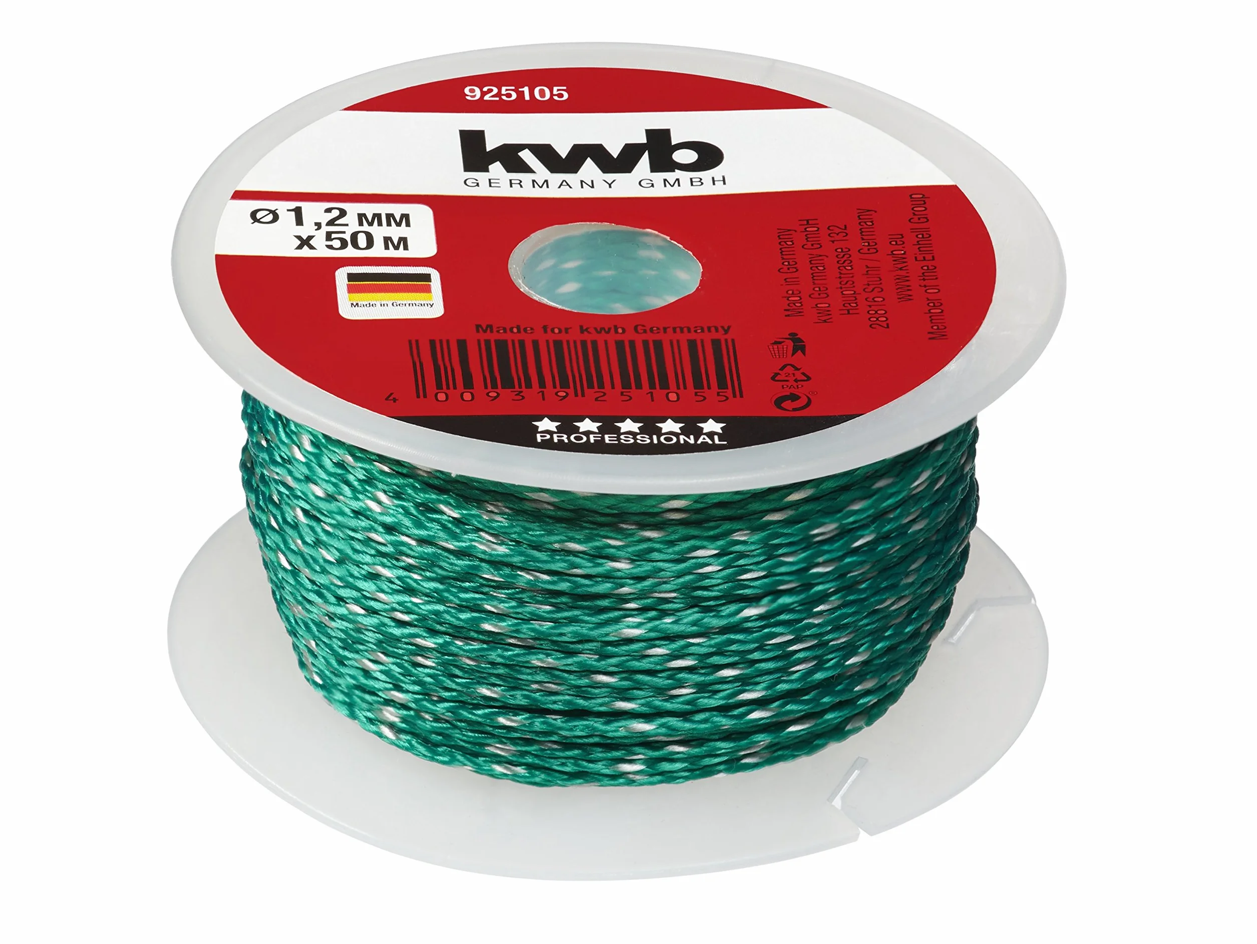 kwb Corda direzionale in nylon intrecciato, diametro 1,2 mm, verde, ideale per l'allineamento orizzontale e verticale di pietre e mattoni da muratura, robusta e durevole per lavori di costruzione