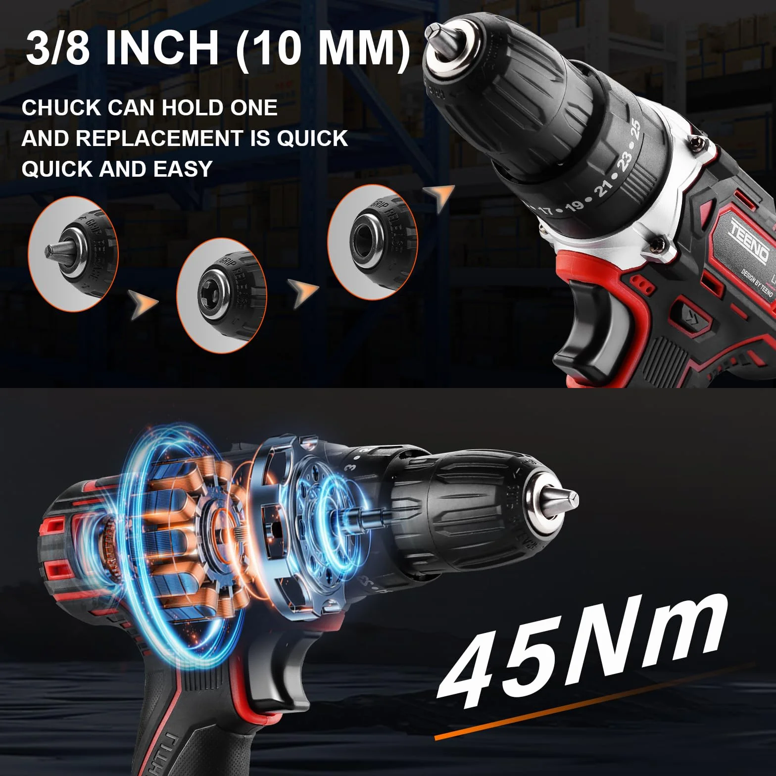 TEENO Trapano a Percussione a Batteria 21V, 45 Nm Avvitatore a batteria con spazzole,Compatibile con le Makita 2 batterie 2,0 Ah, 25+3 Impostazioni di Coppia,3 spazzole per la pulizia,2 Velocità, LED