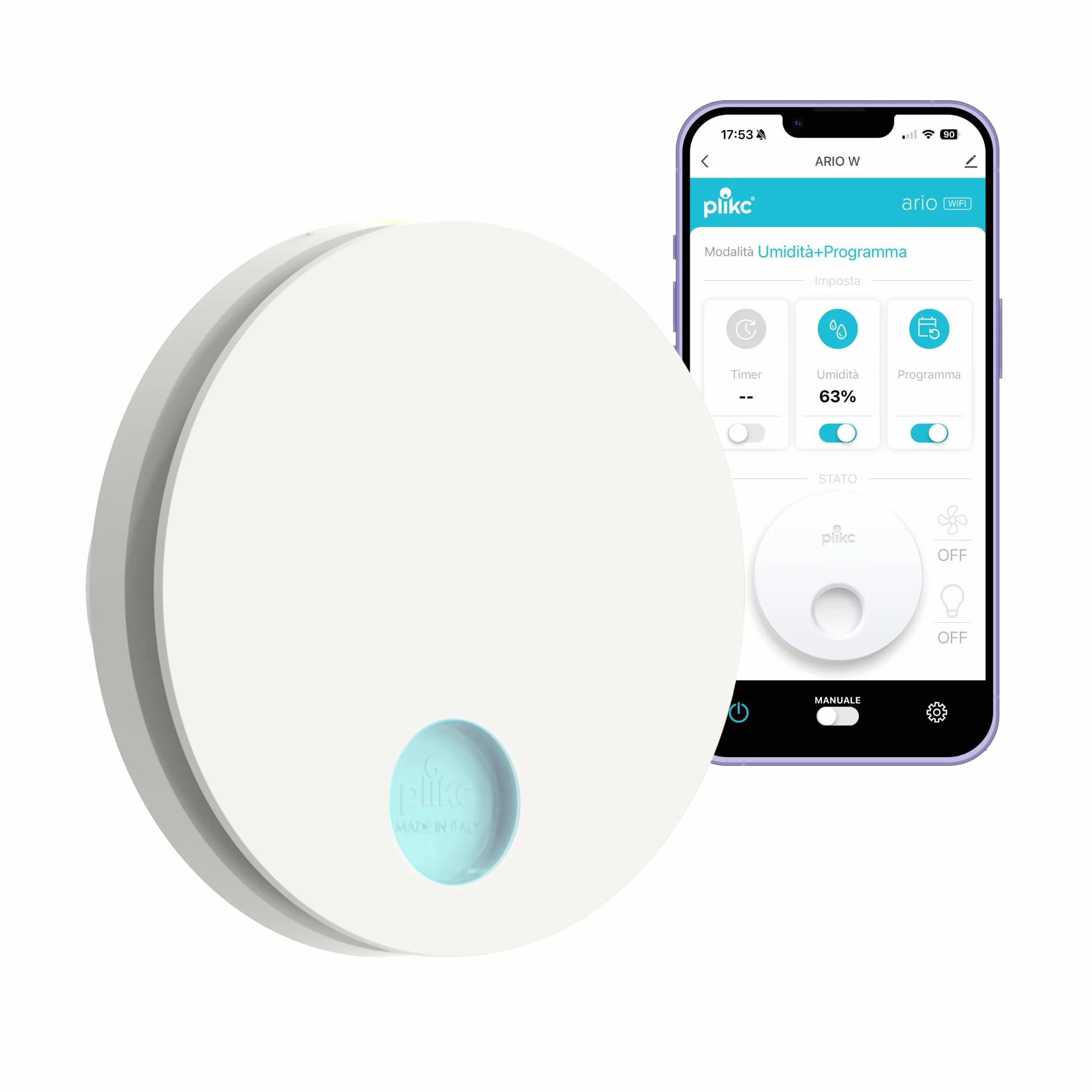 plikc Aspiratore WIFI da parete ad aspirazione assiale serie Ario W - Alimentazione 230Vac - 100% MADE IN ITALY (Bianco, Foro Ø90)