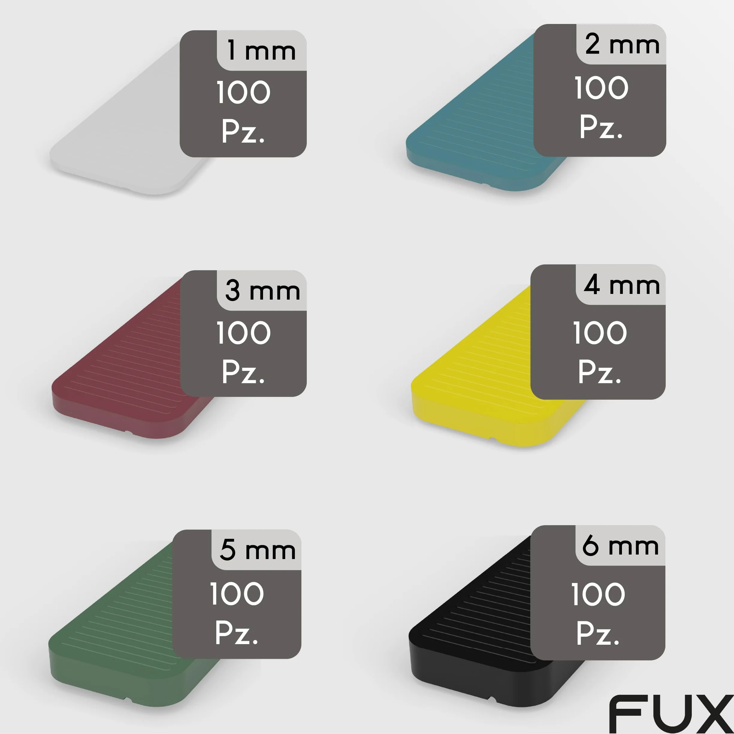 FUX 600 Spessori in Plastica per Mobili - Distanziatori 100x24x1-6mm per Vetri e Piastrelle, Cunei per Parquet - Polipropilene (PP) Resistente - Made in Germany