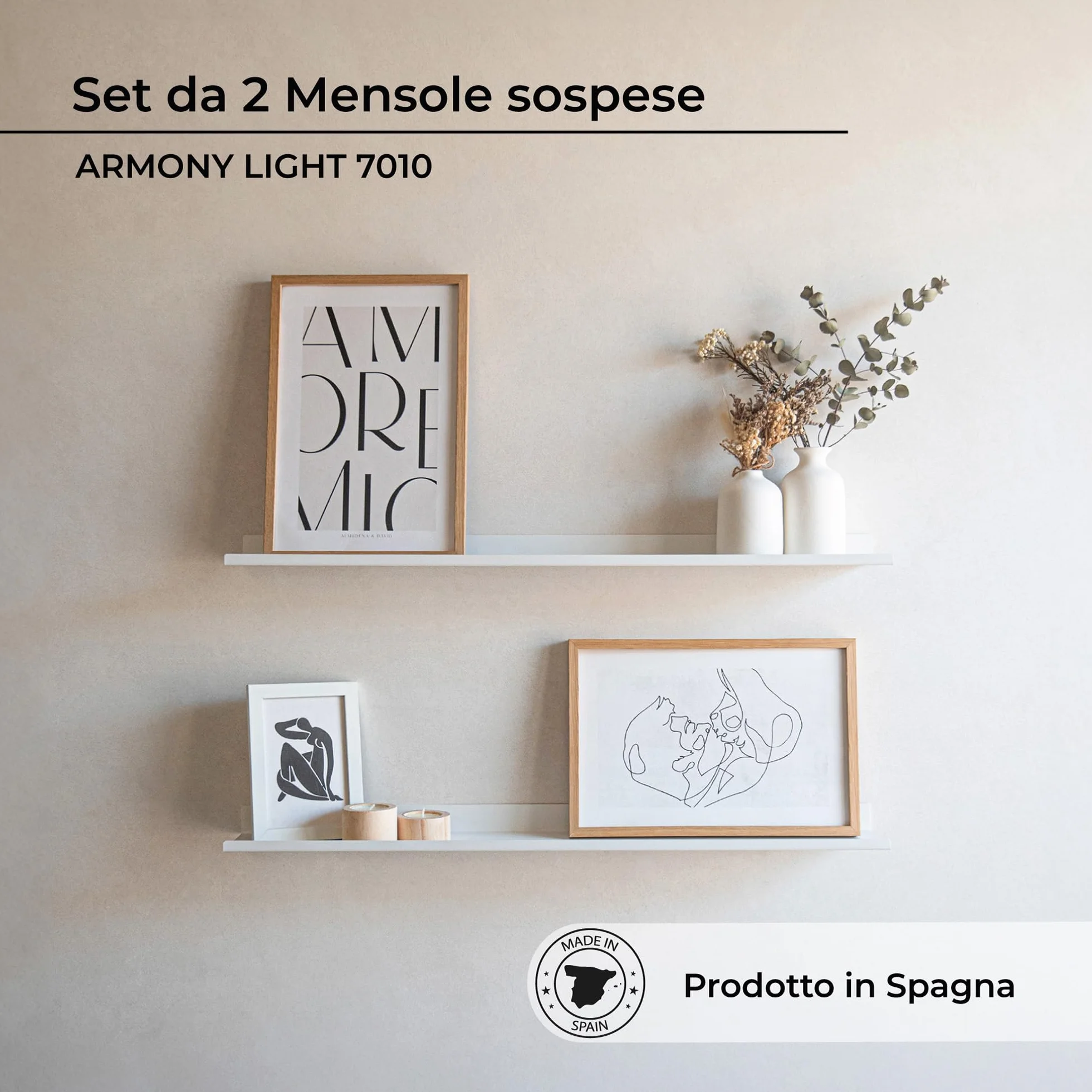 MILUKA Mensola da Muro Sospesa | Mensole da Parete Stretta in Metallo per Quadri, Cornici, libri e Spezie | Ripiano salvaspazio cucina, bagno, ufficio (2, Bianco, 70 x 10 cm)