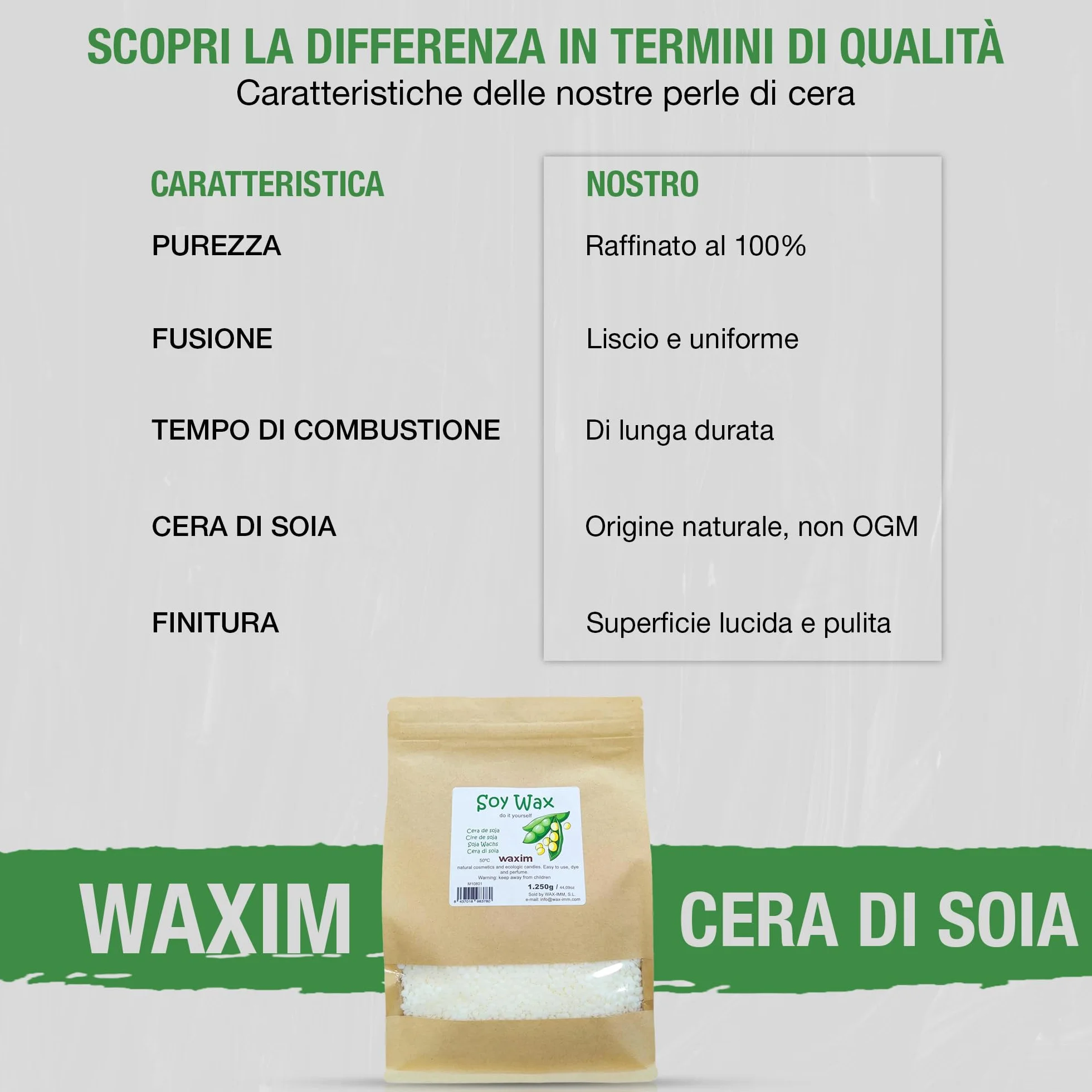 Cera di soia WAXIM per candele in perle | Cera di soia naturale, cera per realizzare candele fatte in casa e profumate 1250 g | A base vegetale in contenitori | Fusione uniforme