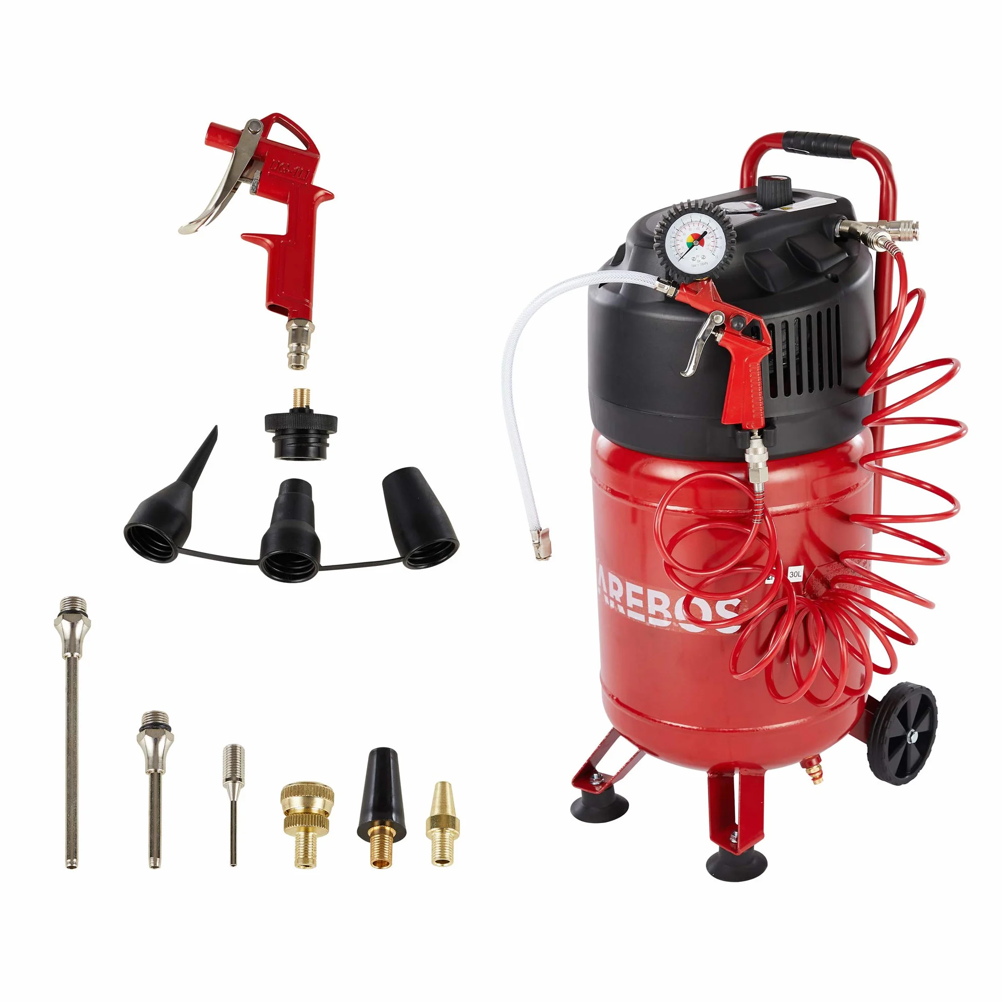 Arebos Compressore ad aria compressa 1500W | 30l | incluso set da 13 pezzi | senza olio | 240 L/min | doppio attacco Euro | 10bar| Capacità: 50 l, 30 l o 6 l (30 litri)
