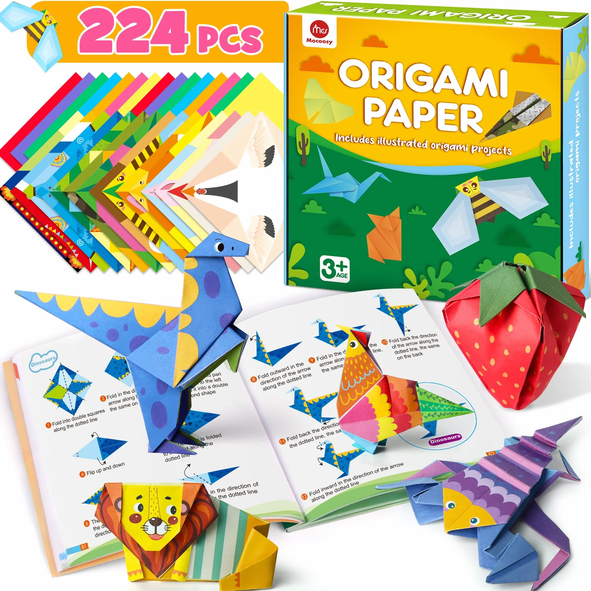 Mocoosy Carta per Origami per Bambini, 224 Fogli Carta Origami Fronte-retro con Tutorial Video e Libro Origami, Colorato Origami con 72 Modelli, Arte Artigianato per Bambini Regalo per Ragazze Ragazzi
