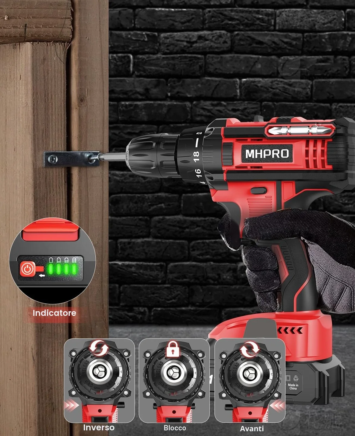 MHPRO Trapano Avvitatore Batteria 21V, Avvitatore a Batteria con Batterie 2.0Ah, 42Nm Avvitatore Elettrico, 18+1 Coppie, 2 Velocità, 22CS Accessori, LED Luce per Casa Progetto