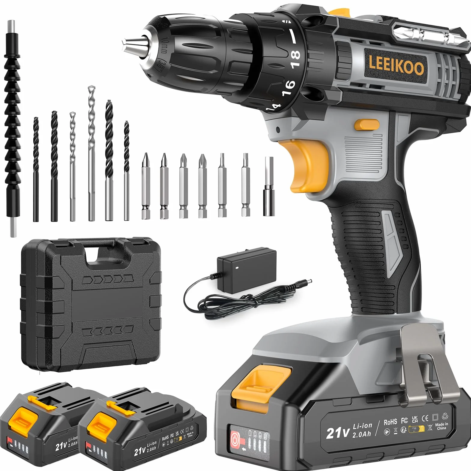 Avvitatore a Batteria, LEEIKOO Trapano Avvitatore Batteria 21V, Avvitatore Elettrico 42N.m con 2 Batterie da 2.0Ah, 2 Velocità, 18+1 Coppie, 14 Accessori, Luce a LED Per Fai da te, Casa e Giardino
