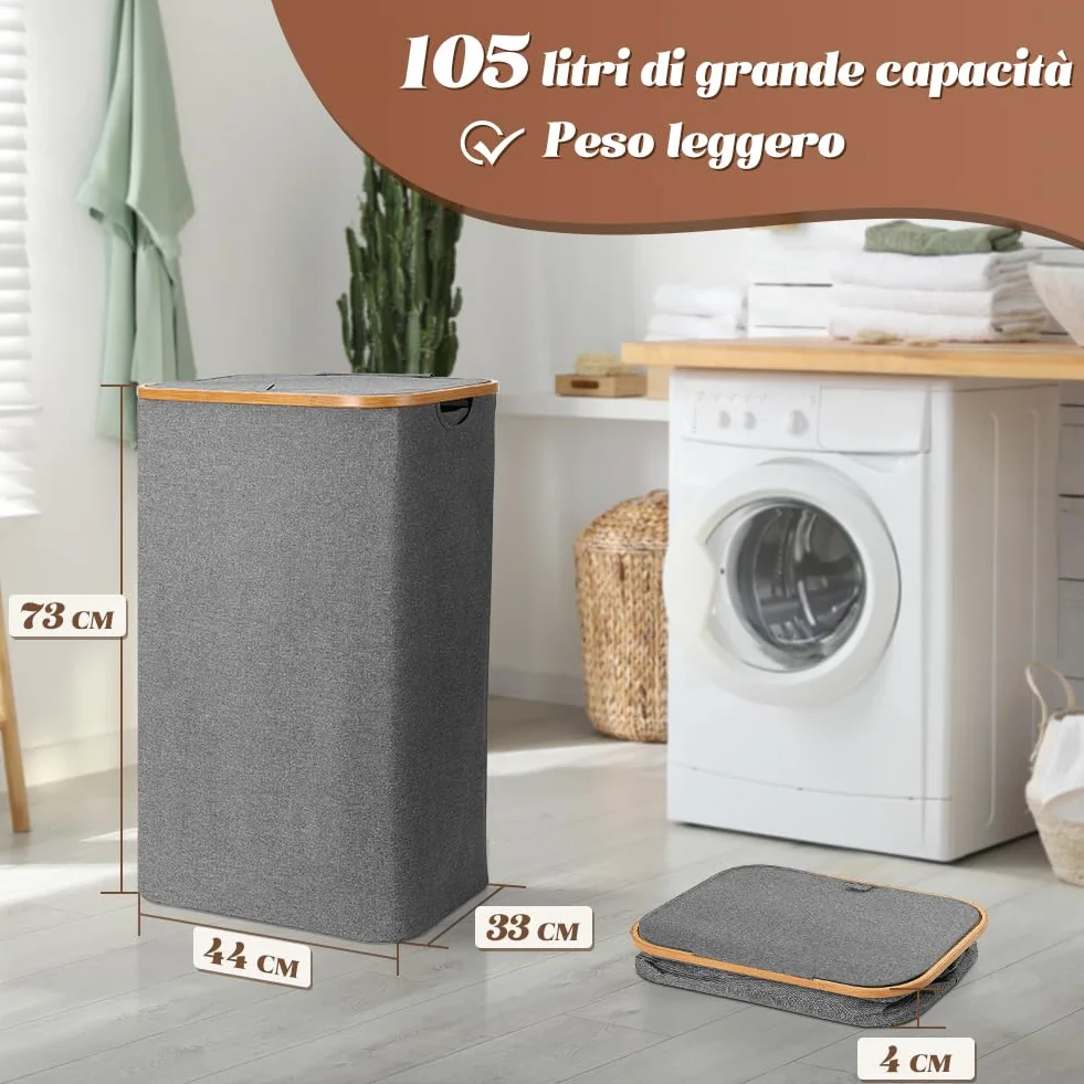 OUSFOT Cesto Portabiancheria Sporca per Bagno Grigio 105L Cesta Portabiancheria in Bambù con Coperchio Porta Biancheria Sporca con Manici Cesto Panni Sporchi