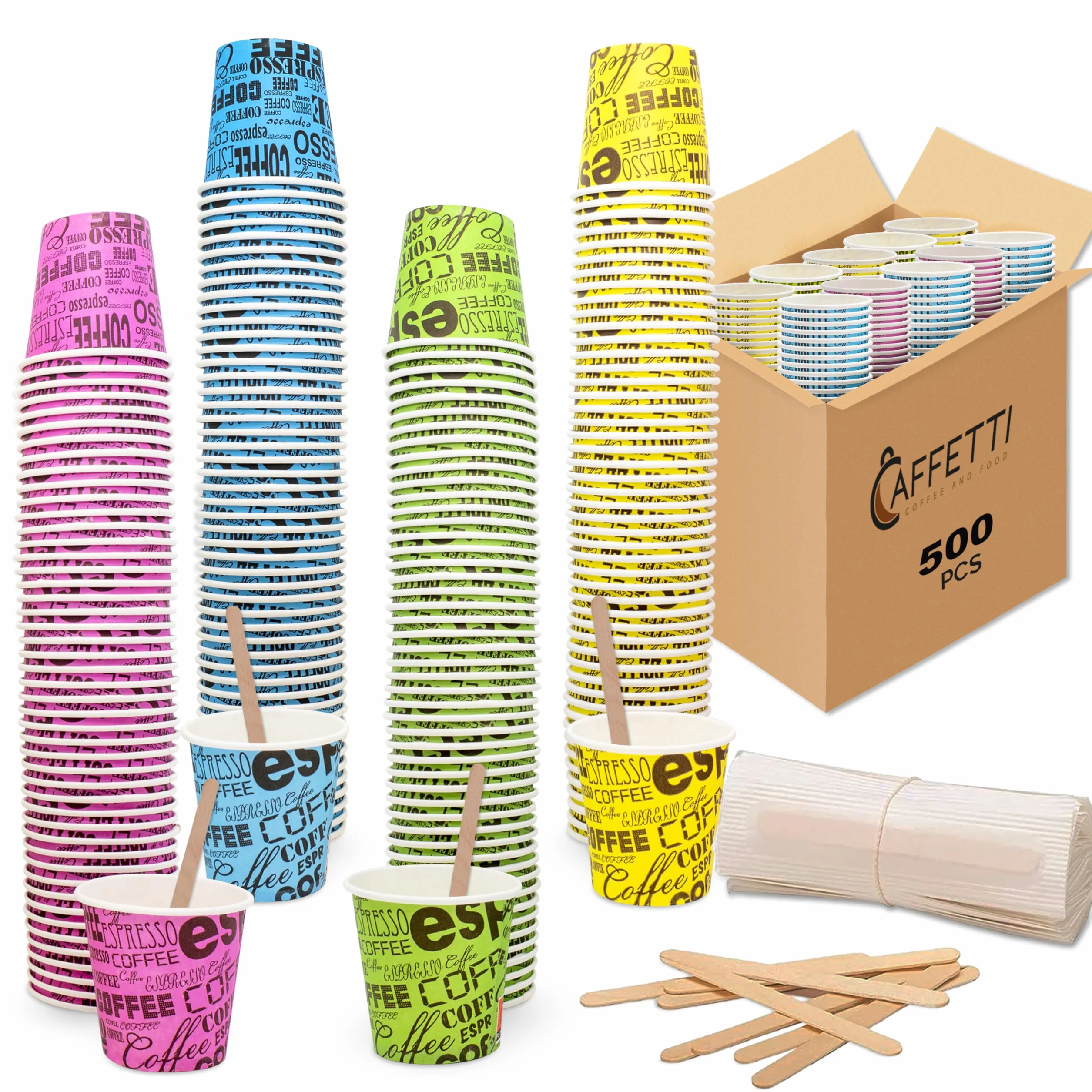 Bicchierini Caffè 75 ml 2,5 oz Carta Colorati Usa e Getta Riciclabili Set 500 + 500 Palette