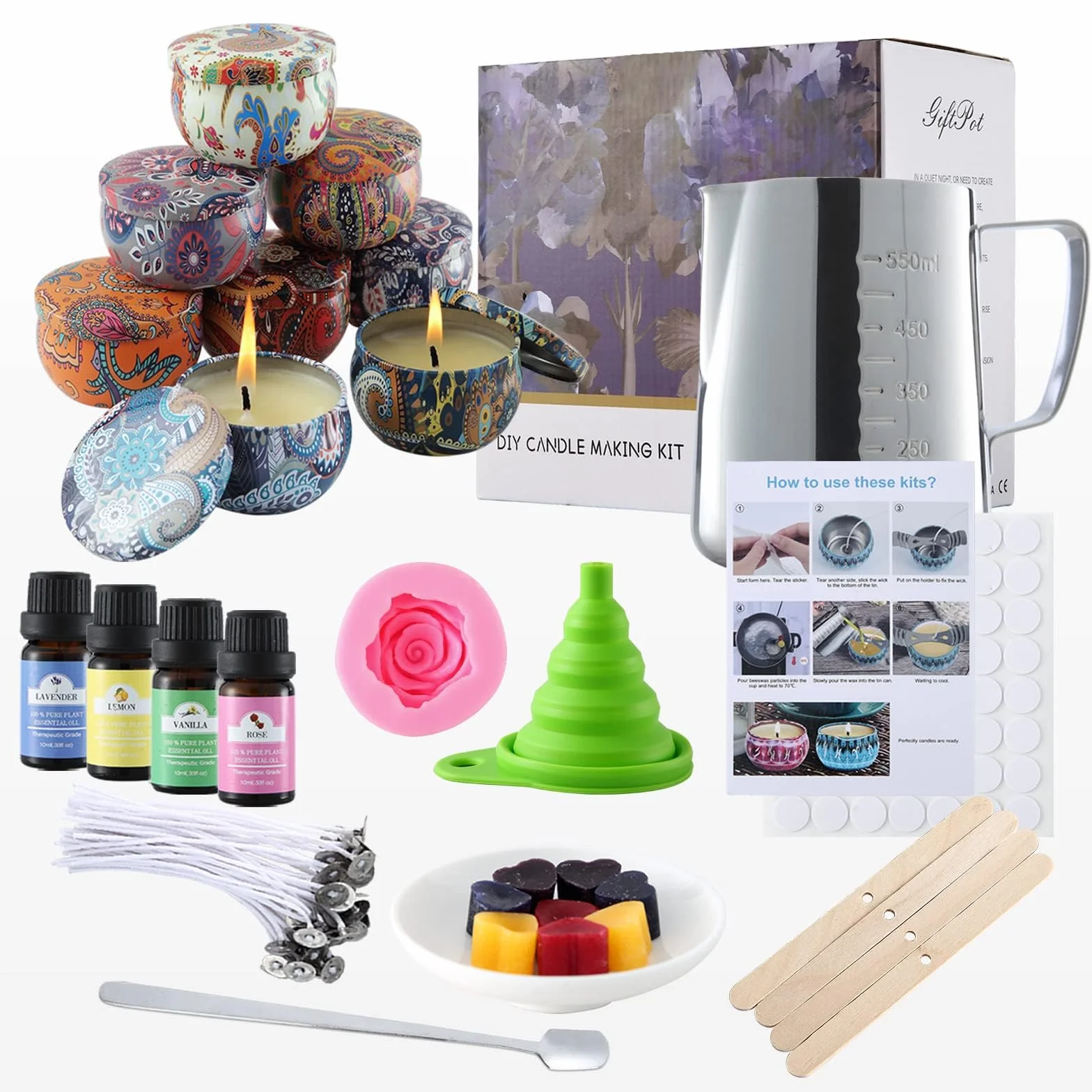 GiftPot Kit per la Fabbricazione di Candele, Set Regalo fai-da-te con 480g di fiocchi di cera d'api, 4 Oli Essenziali, 50 Stoppini e 2 Stampo per Candele, ideale per Principianti
