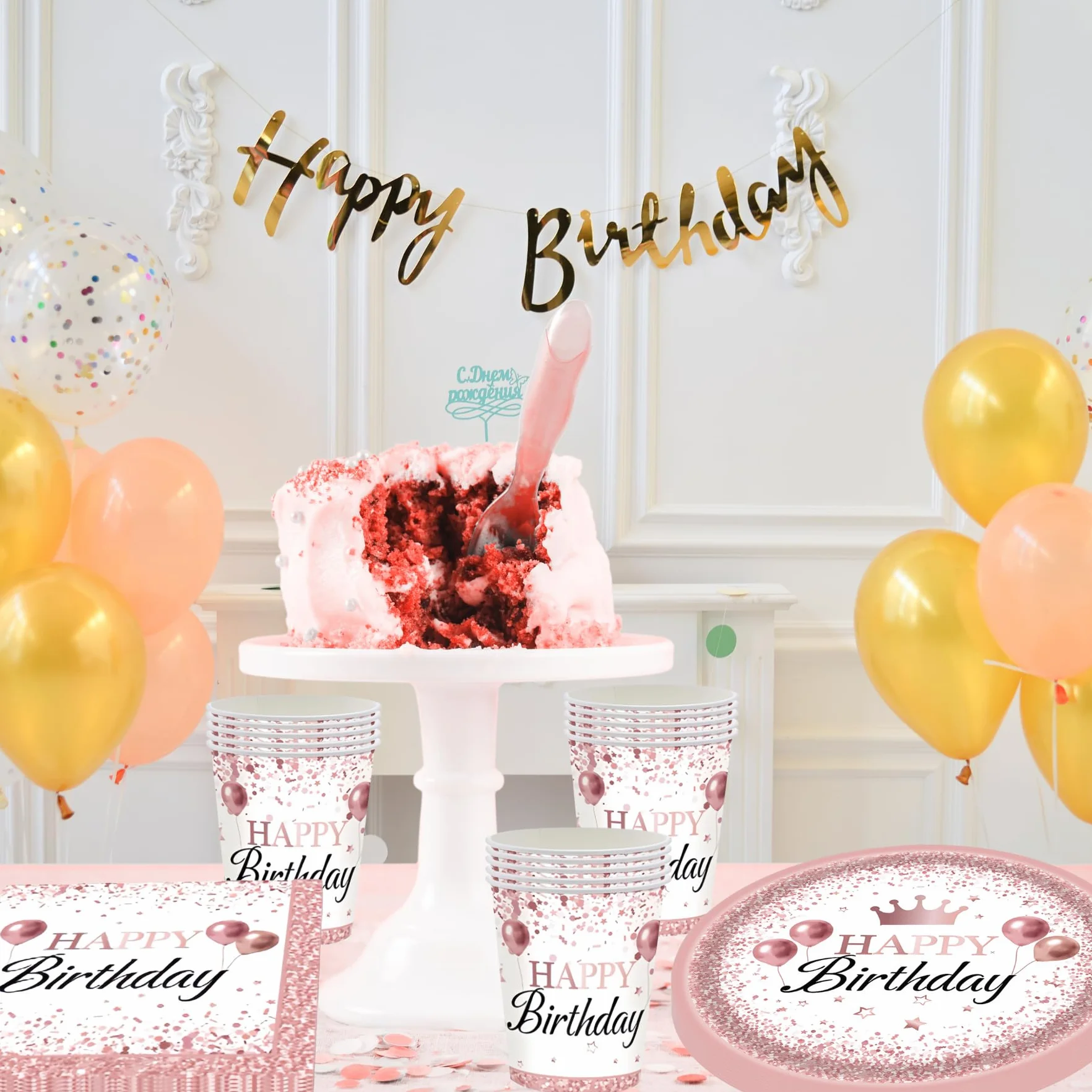 Happy Birthday Set per feste 16 ospiti Oro rosa Piatti bicchieri tovaglioli compleanno