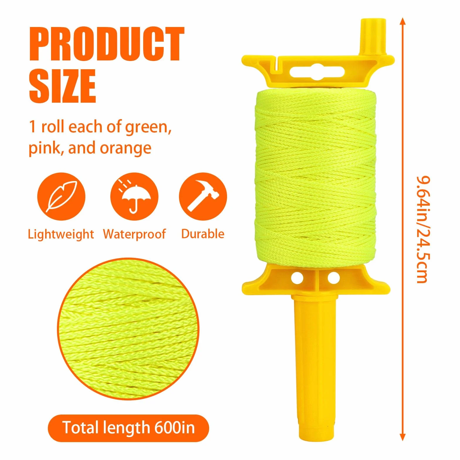 Yitexin 3 Rotoli di Filo per Edilizia Lenza Muratore con Impugnatura, 18 Filo Muratura in Nylon Intrecciato da 45,72 m, Corda da Muratore per Allineamento Pavimenti (arancione, rosa e verde)