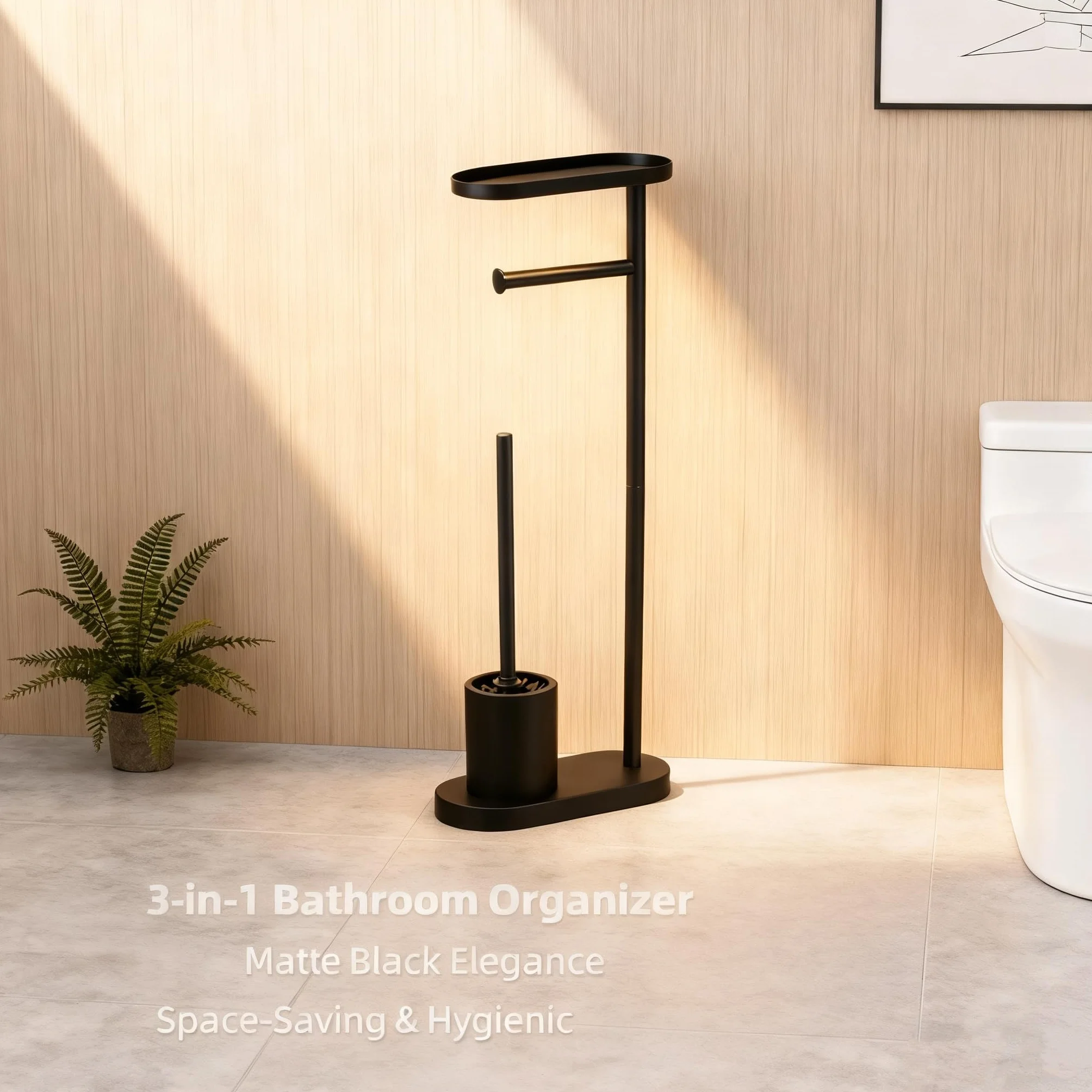 BM Portarotolo da Bagno con Scopino e Mensola in Metallo – Piantana WC 3 in 1 Nera Opaca, design moderno, supporto carta igienica con vassoio superiore, base stabile antiscivolo (Metallo)