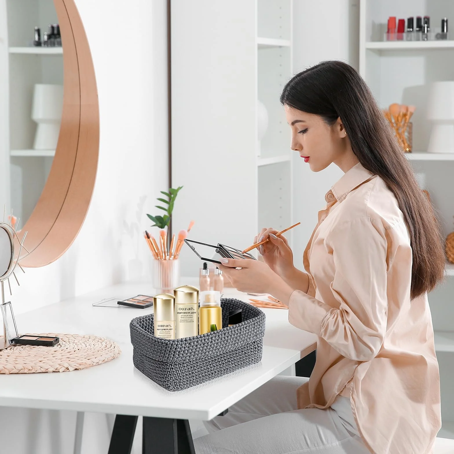 Cestini Portaoggetti Intrecciati a Mano, Piccolo Cesto Porta Oggetti per Camera da Letto, Bagno, Cucina (Grigio)