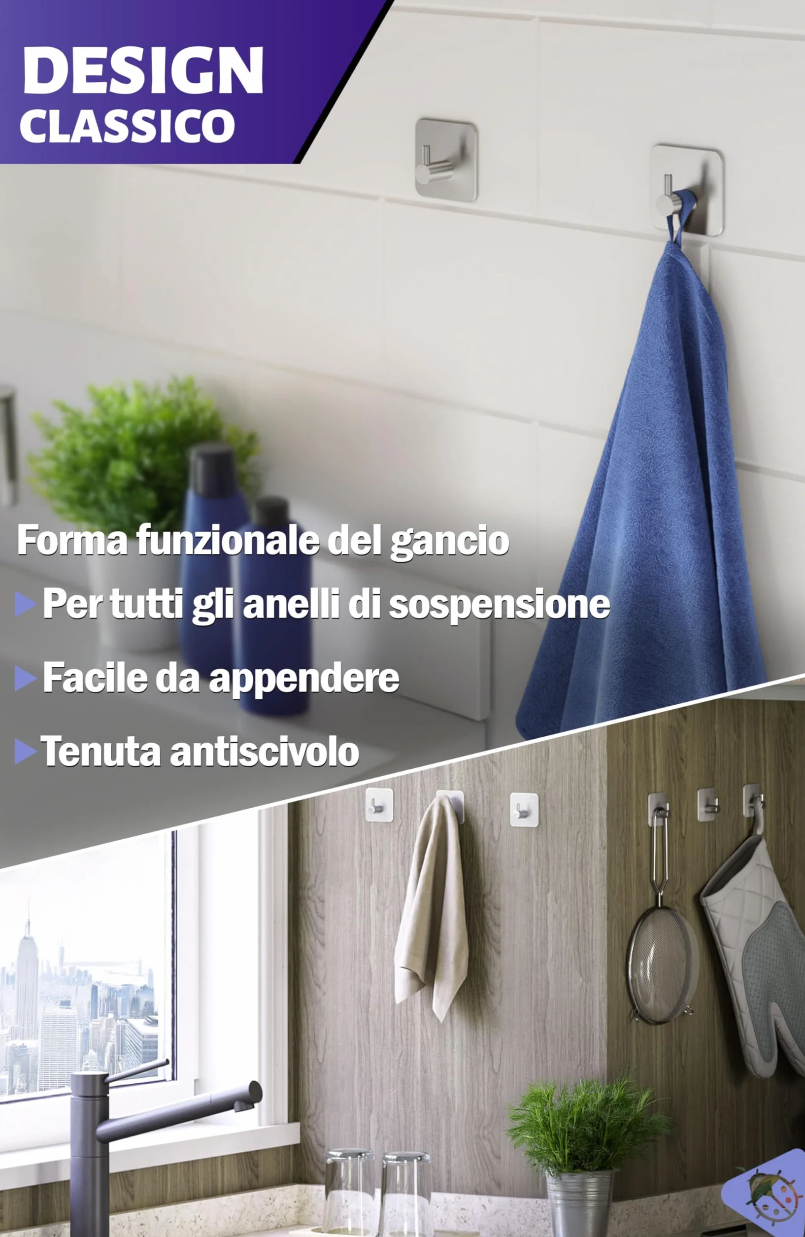 Menz Ganci Adesivi Bagno Set di 4 Acciaio Inox Impermeabili Argento