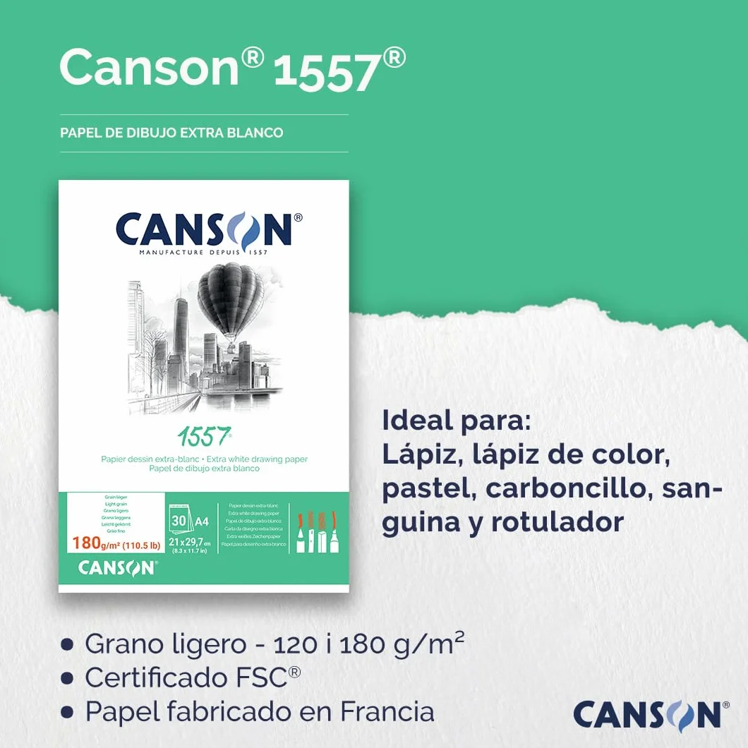 Canson - Carta 1557 Blocco da 50 fogli di Carta da Disegno, Bianco Puro, 120 g, Grana Leggera, Formato A4