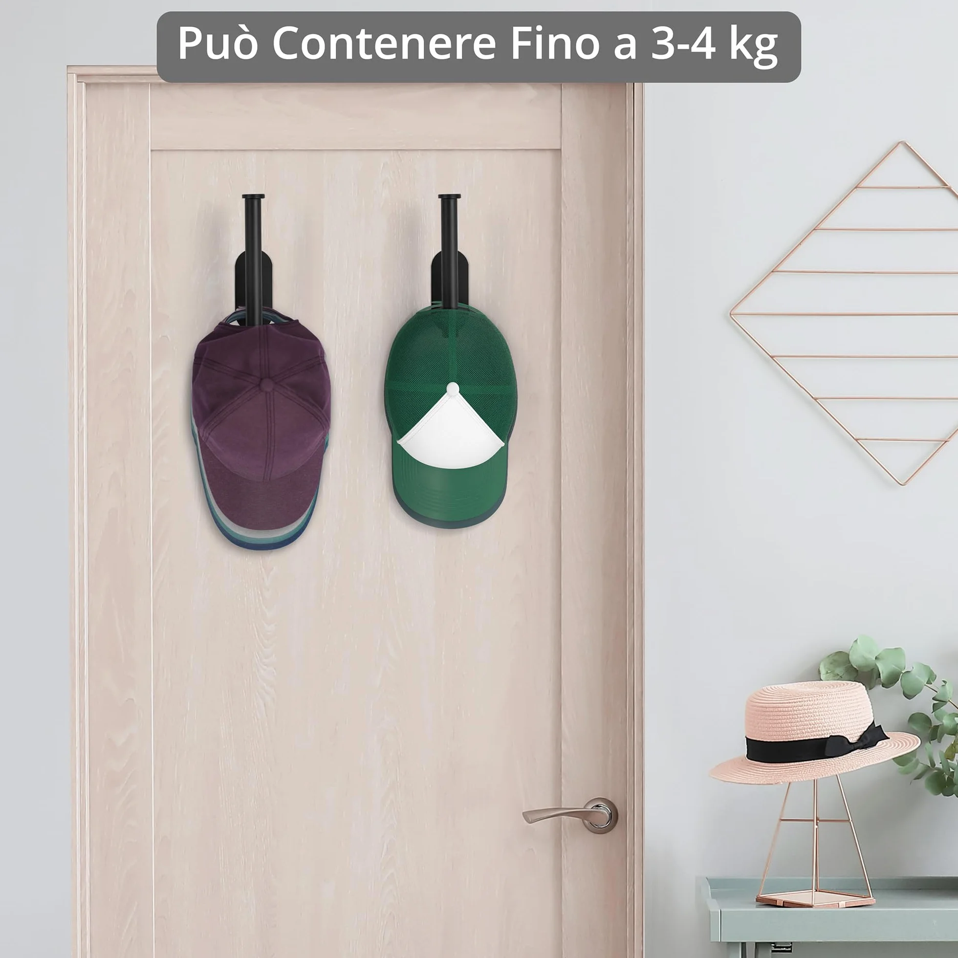 Winter Shore Porta Cappelli da Parete [Confezione da 2] Appendi Cappelli in Acciaio Inox Adesivi - Espositore Cappelli a Sfera per Camera da Letto, Cabina Armadio o Spogliatoio - Finitura Nero Opaco