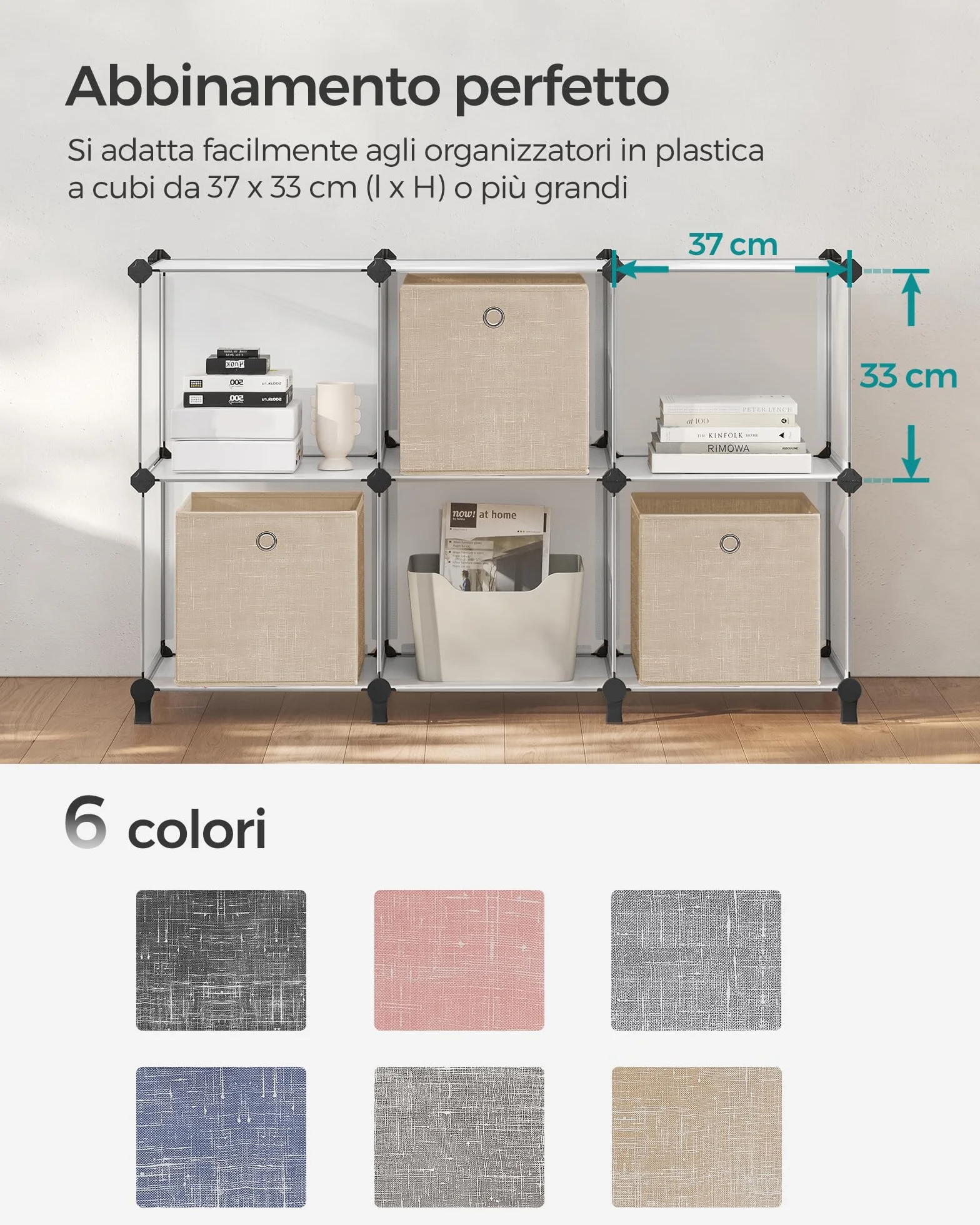 SONGMICS Scatole Portaoggetti Set di 6 Contenitori in Tessuto Non Tessuto 30x30x30 cm Pieghevoli Beige Sabbia