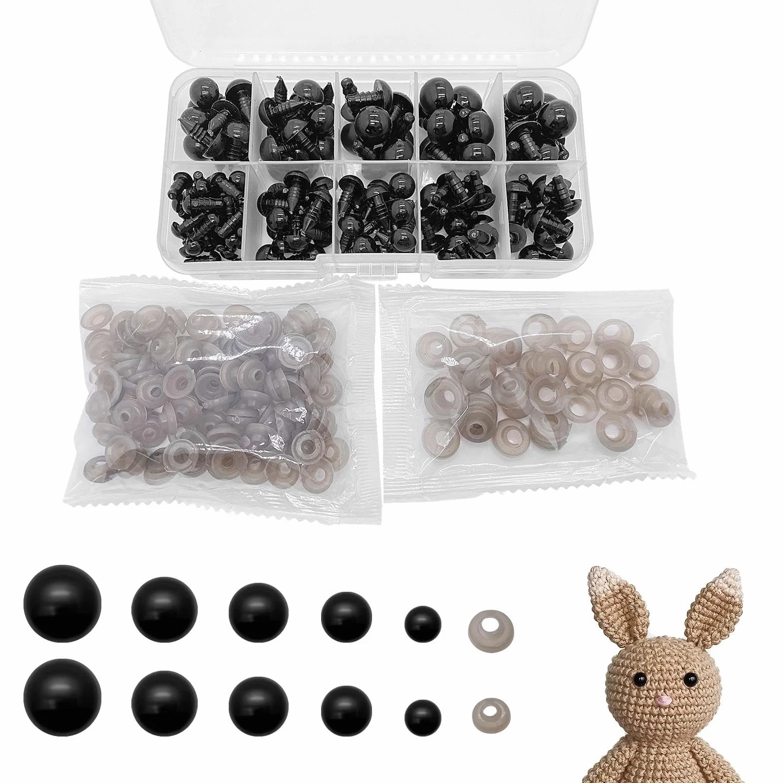 Occhi di Sicurezza 142 Pezzi - Occhi a Bottone in Plastica per Bambole, Peluche e Orsacchiotti, Fai da Te, 6-12 mm