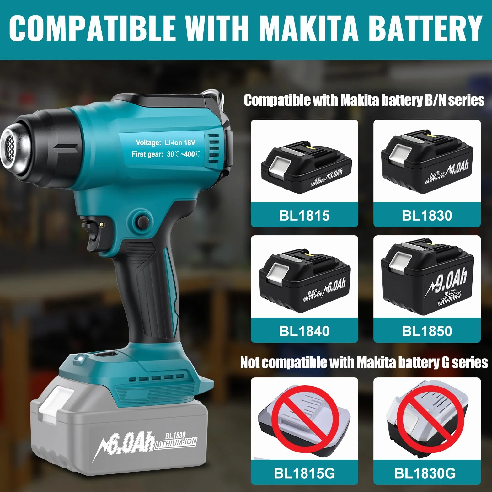 Pistola ad aria calda senza fili per batteria Makita da 18 V (senza batteria) pistola termica per saldatura, piegatura dei tubi, rimozione del colore, pistola termica con 4 ugelli.