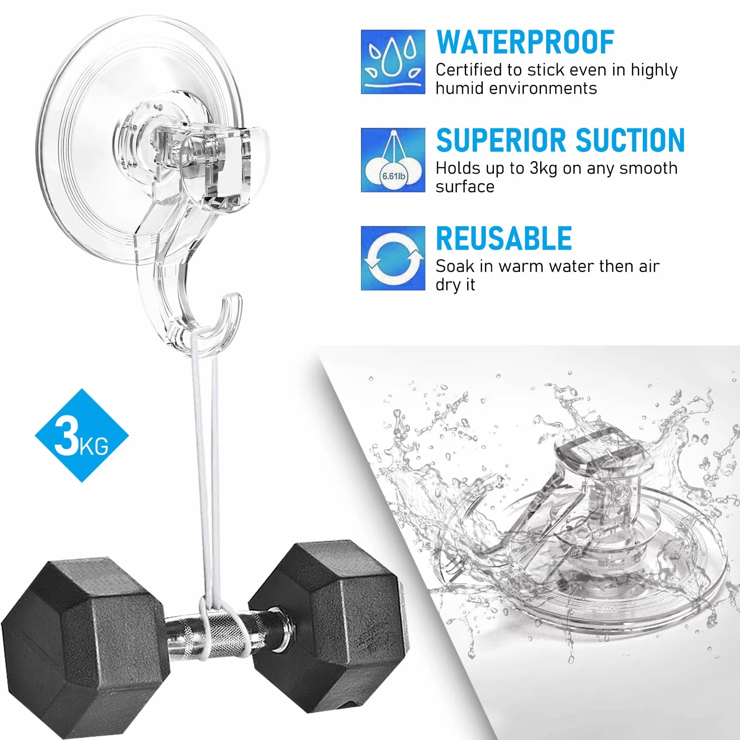 Quntis 4 Pezzi Ventose con Gancio per Doccia Bagno Cucina Vetro Piastrelle 3 kg Trasparente
