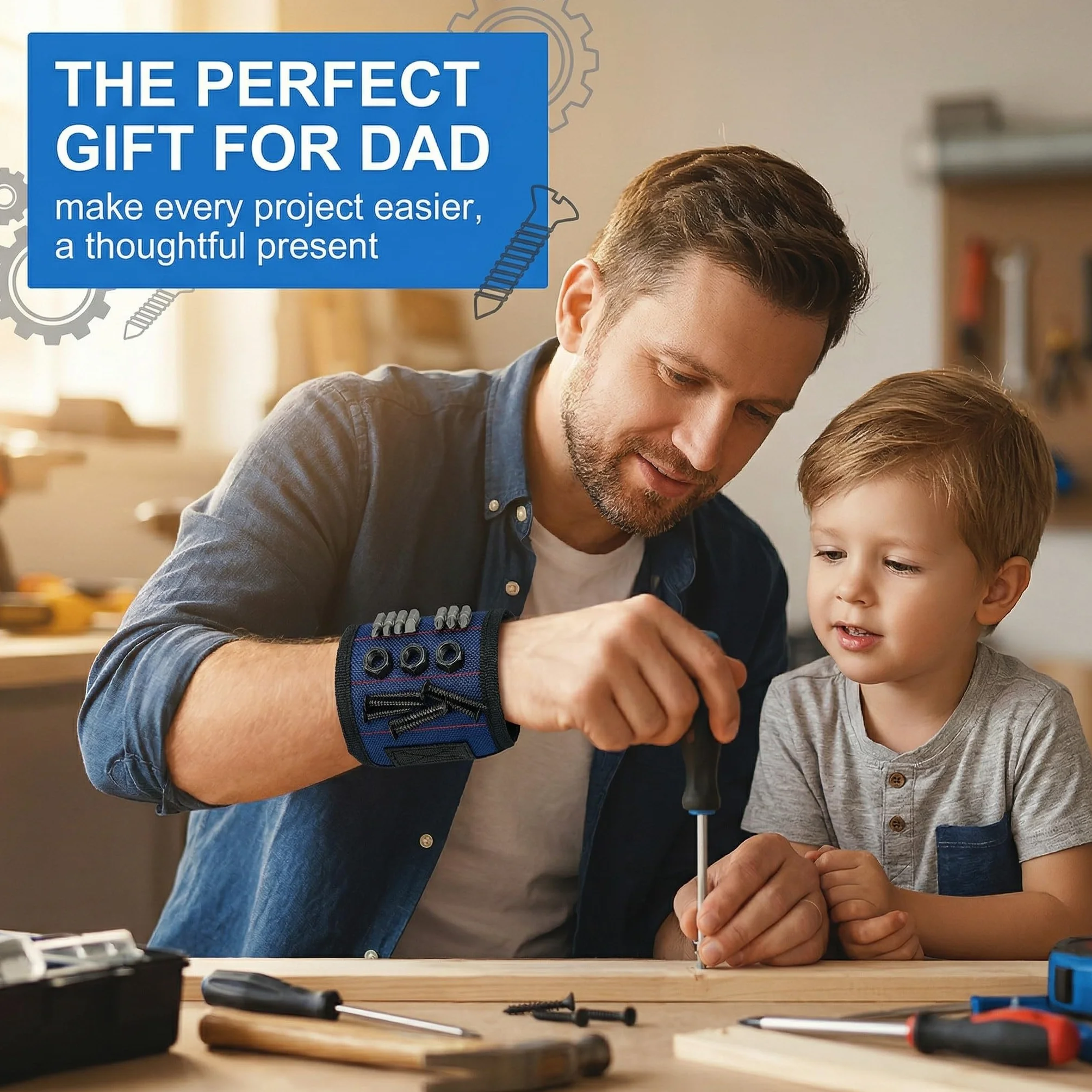 Bracciale Magnetico con 15 Potenti Magneti, Polsino Magnetico per Viti Chiodi e Bulloni, Regalo Uomo Originale per Festa del Papà e Compleanno