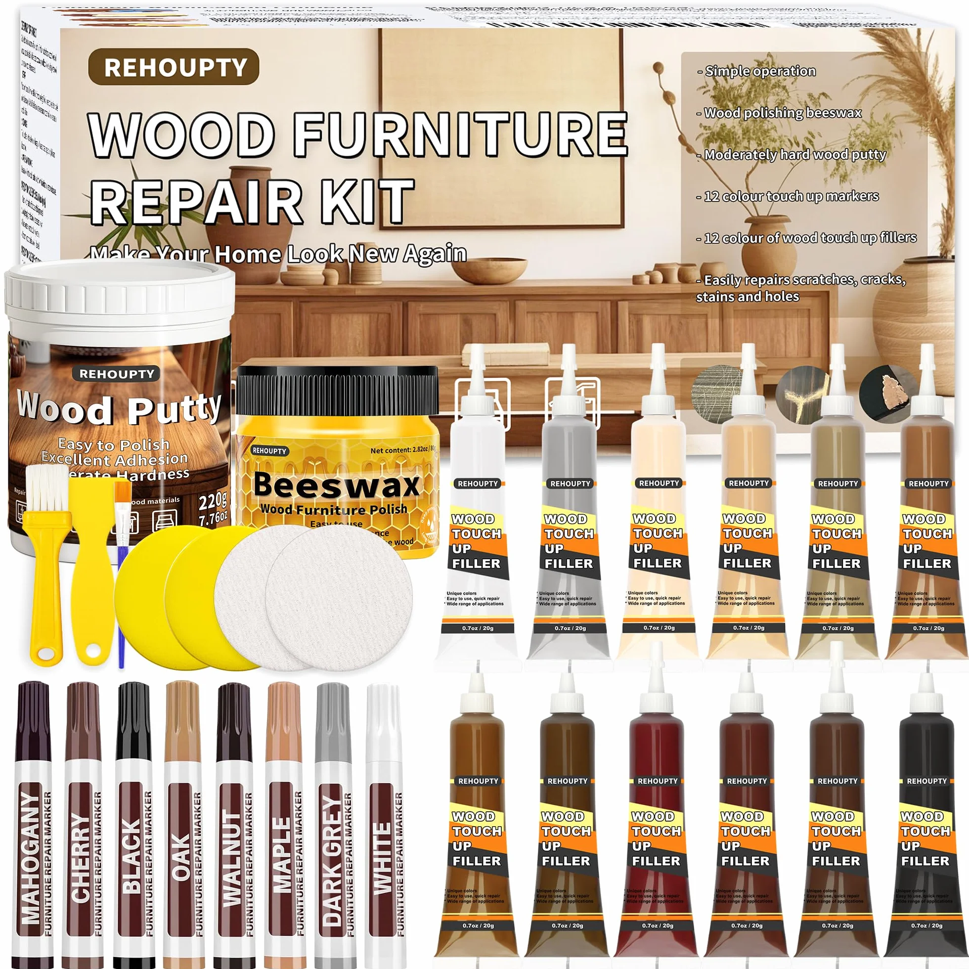 Kit Riparazione Legno, Kit Riparazione Laminato Include Stucco per Legno e Cera d'api & 12 Colori Pasta Riparazione del Legno, 8 Colori Pennarello Riparazione del Legno per Riparare i Graffi Crepe