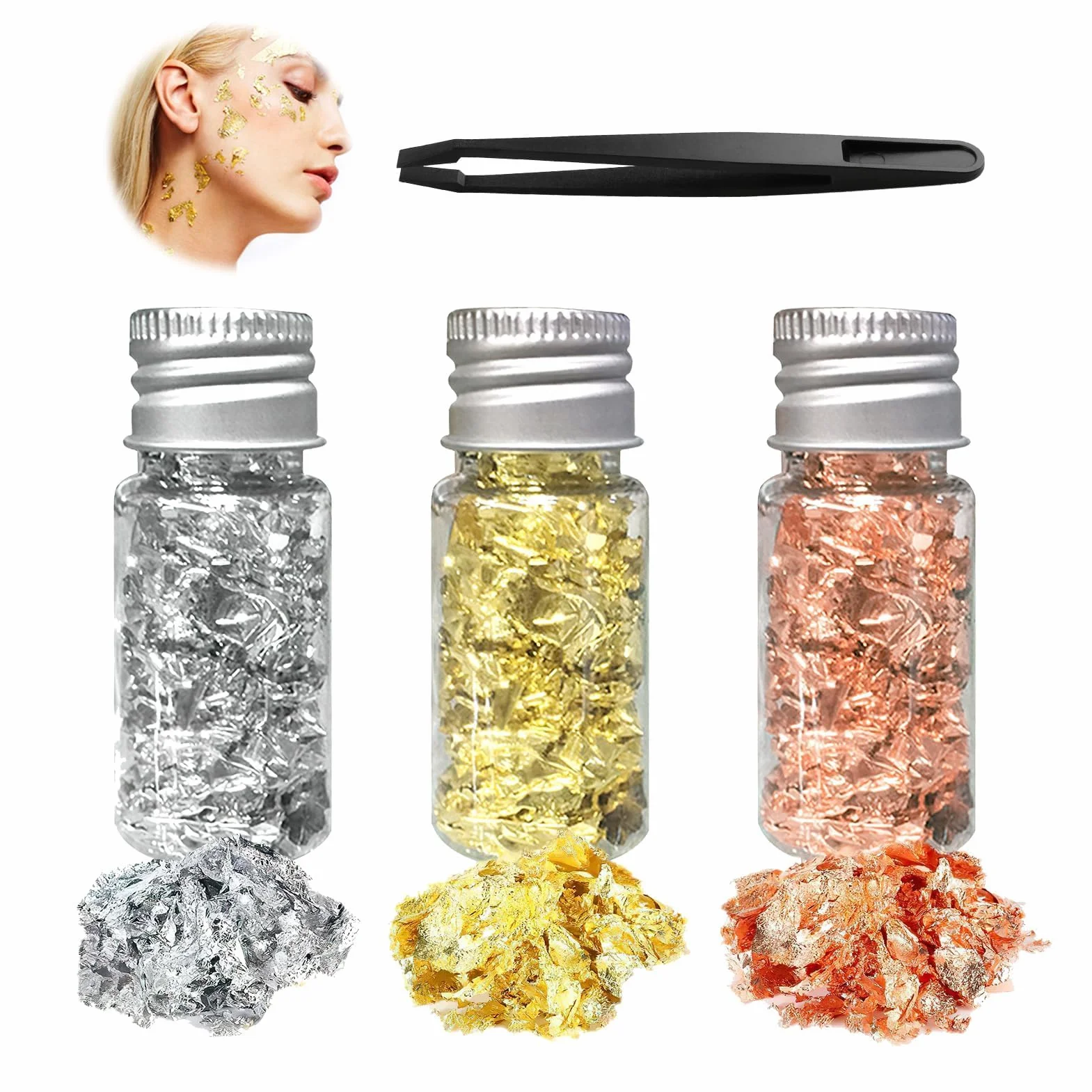 Foglia Oro e Argento Decorazione, Foglia D'oro, 3 Bottiglie 20g con Pinzette, Fiocchi di Foglie Dorate, 3 Colori (Argento, Oro, Oro Rosa) per Nail Art, Trucco, Pittura Artistica