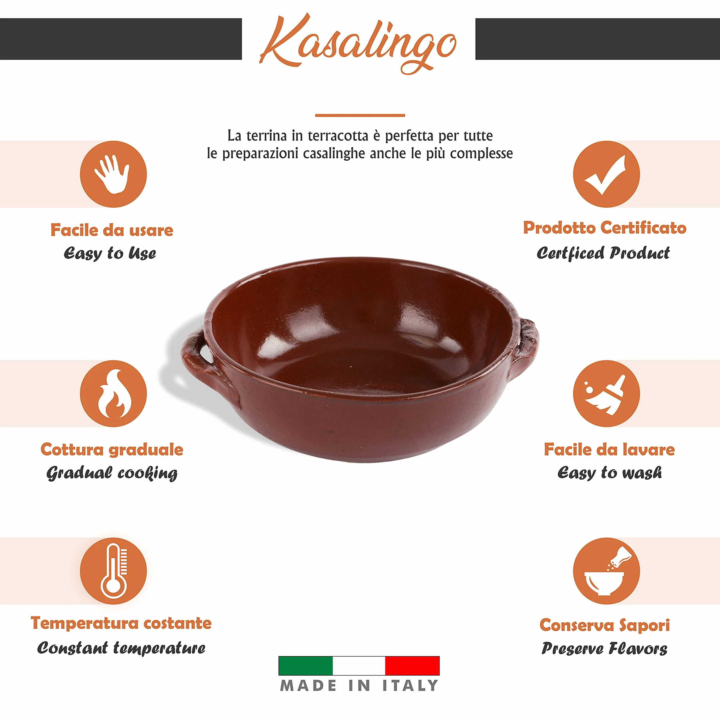Kasalingo 6 Tegami in coccio monoporzione da Forno 12 Cm, terrine di Terracotta Che esaltano Il Sapore Naturale dei cibi, Ciotole in Terracotta per zuppe, Pasta al Forno 100% Made in Italy.