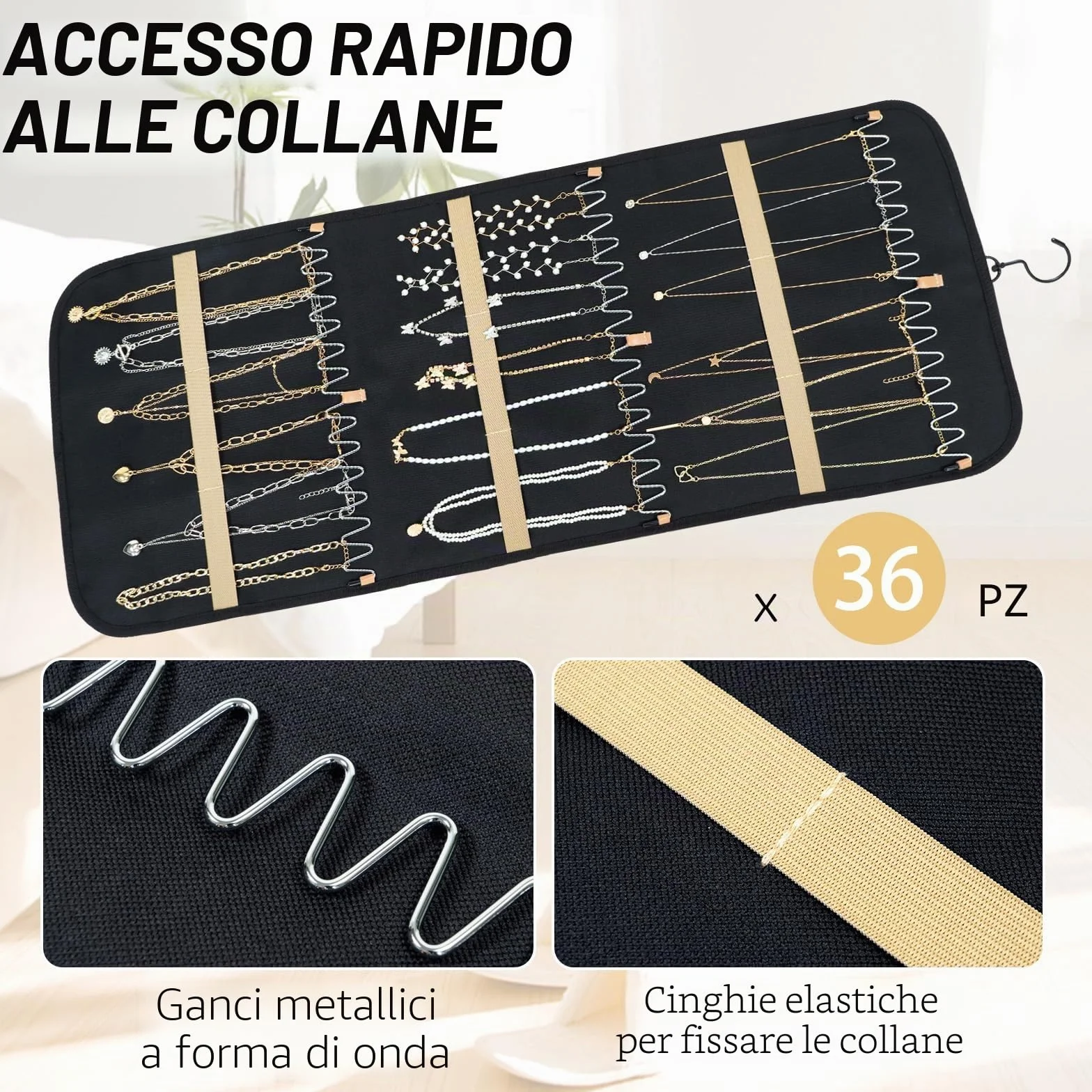 Oudizz Hanging Jewelry Organizer per Armadio - Collana Earring Holder con Coperchio Antipolvere e Gancio Rotante in Metallo - Jewelry Storage Display Stand, Grande, Nero
