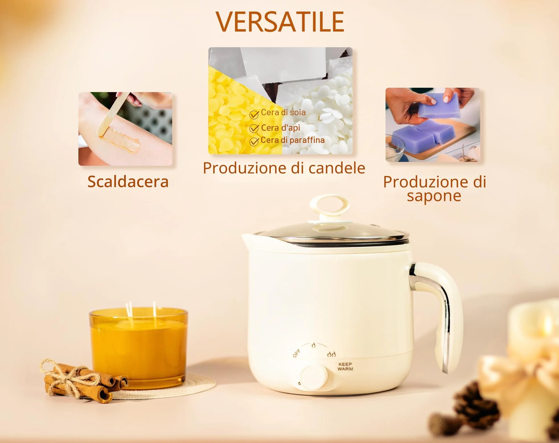 JULWHISPER Fusore di cera per realizzare candele, 1,8 l, con beccuccio per versare, kit per la creazione di candele per adulti incluso - stoppini, adesivi per stoppini-Spina UE