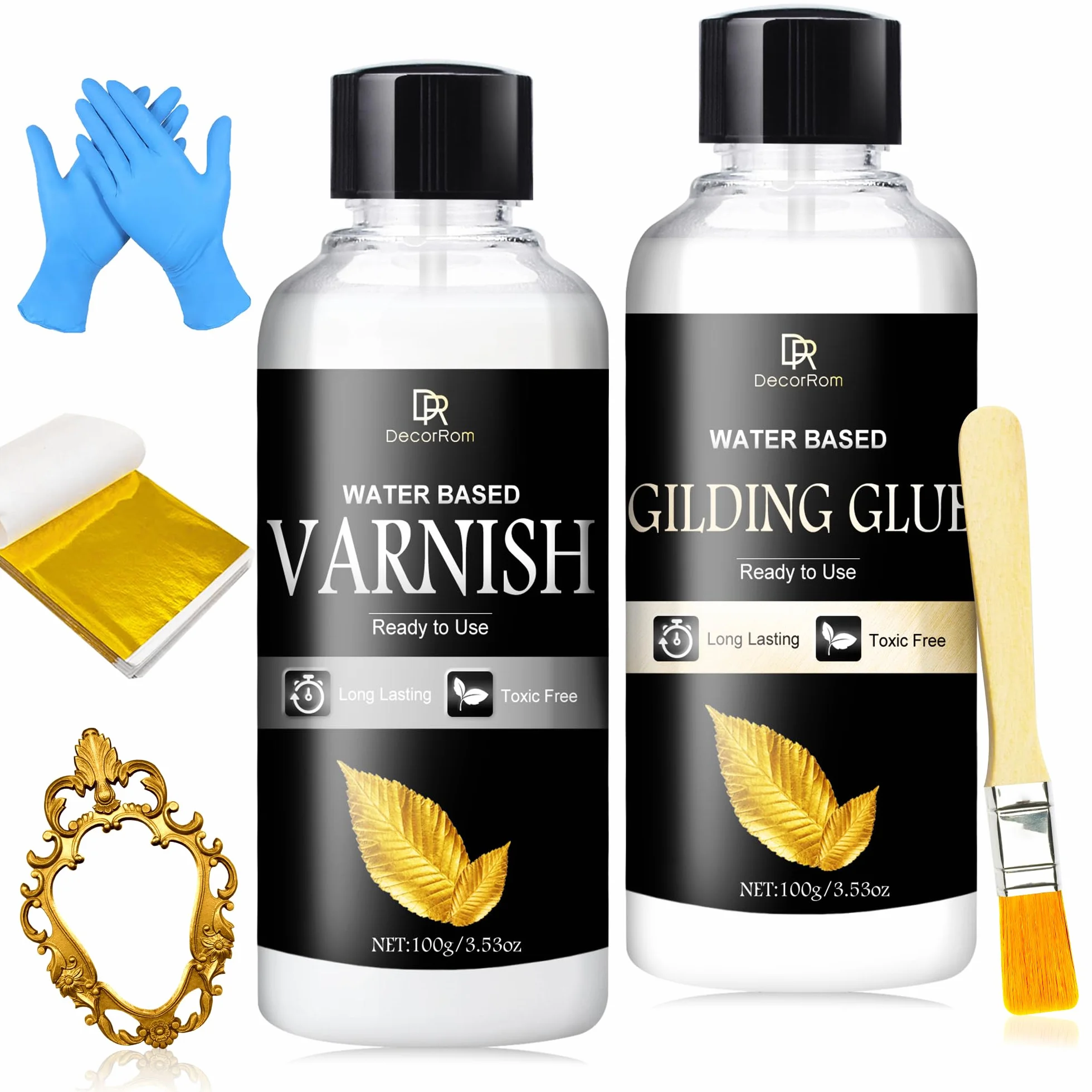 Kit Colla per Doratura con Foglia d'Oro - 200ml Adesivo e Vernice a Base d'Acqua con Pennello, 100 Foglie d'Oro per Arte, Artigianato, Pittura, Decorazione Mobili - Materiali per Pittura e Doratura