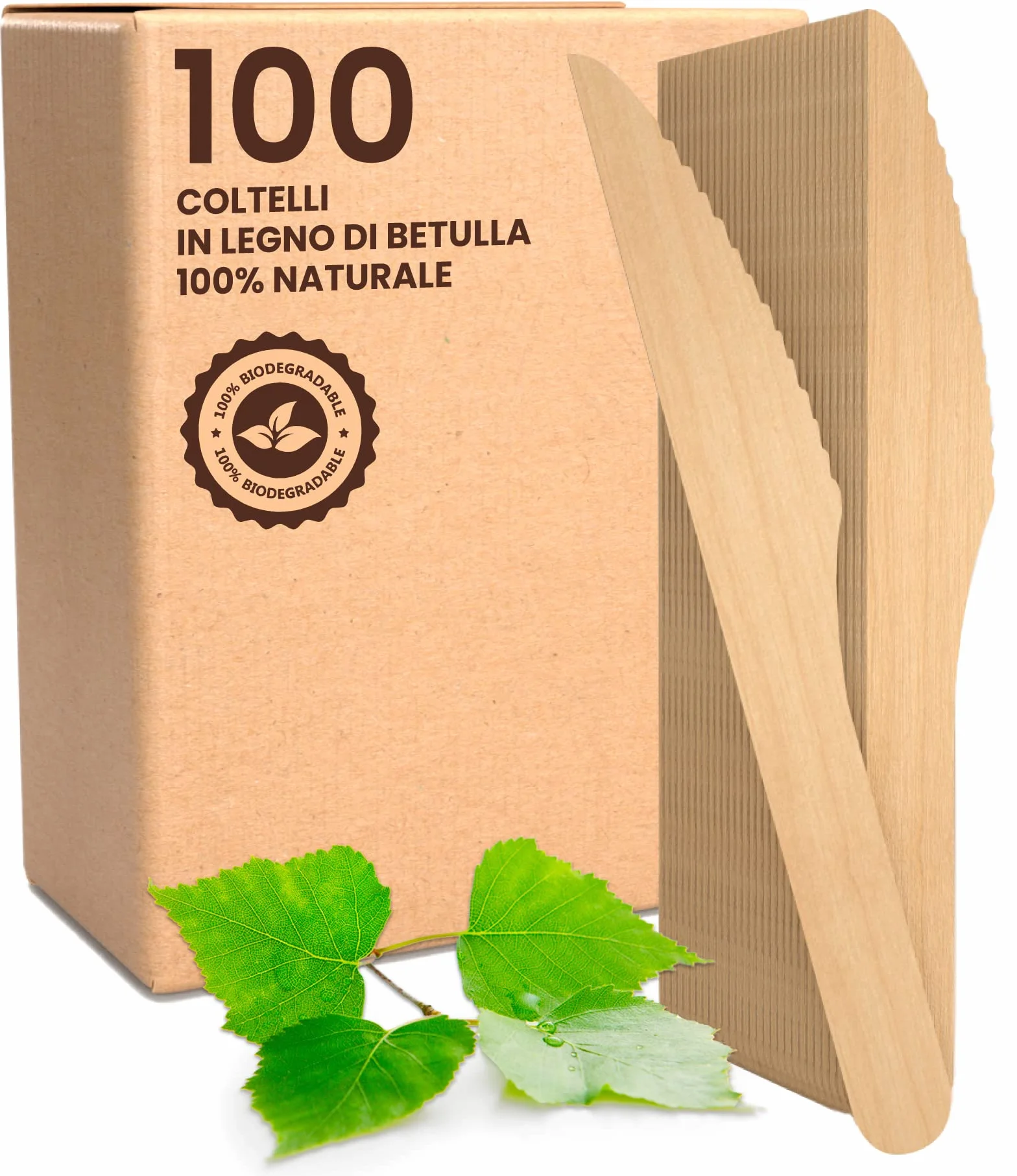 Baciato Caffè 100 Coltelli in Legno di Betulla Monouso Biodegradabili Compostabili